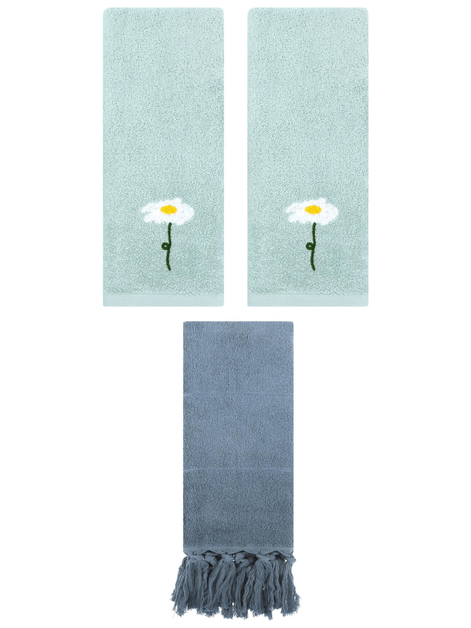 Unique Bargains 3 Pack Cotton Soft Absorbent Floral Pattern and Solid Hand Towels Blue 14" x 30"/13" x 30"