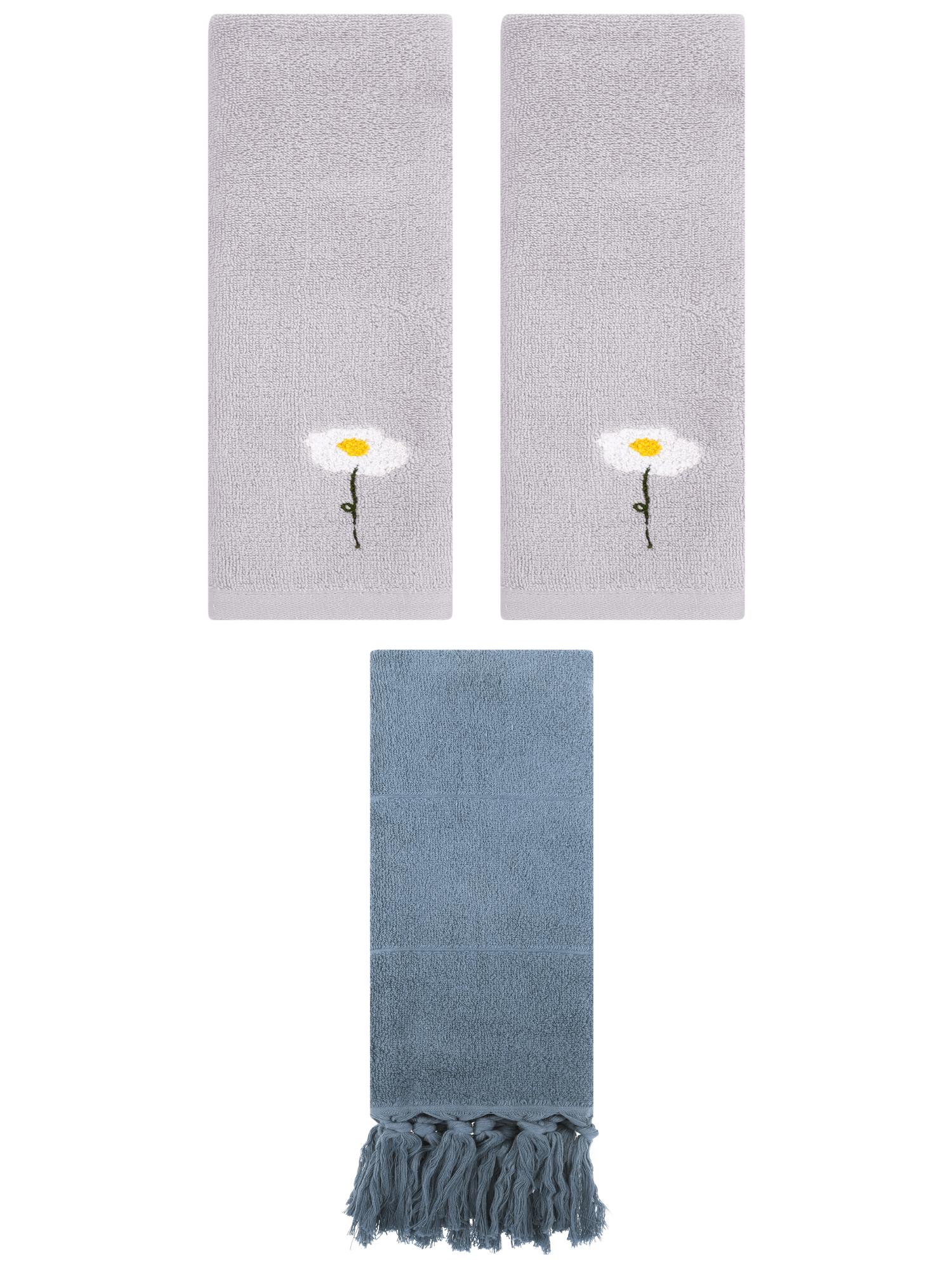 Unique Bargains 3 Pack Cotton Soft Absorbent Floral Pattern and Solid Hand Towels Blue/Grey 14" x 30"/13" x 30"