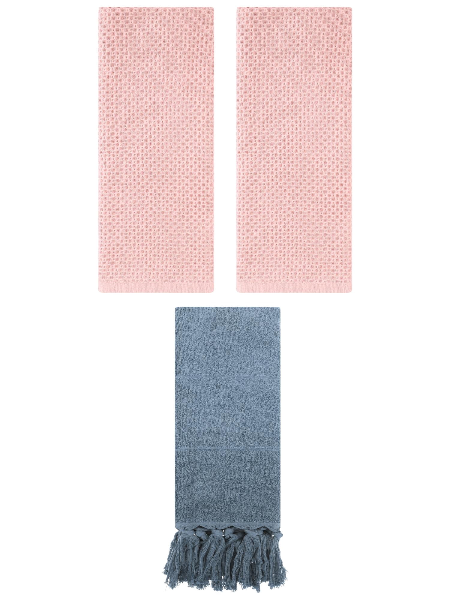 Unique Bargains 3 Pack Cotton Soft Absorbent Tassels and Waffle Hand Towel Blue/Pink 14" x 30"/13" x 30"