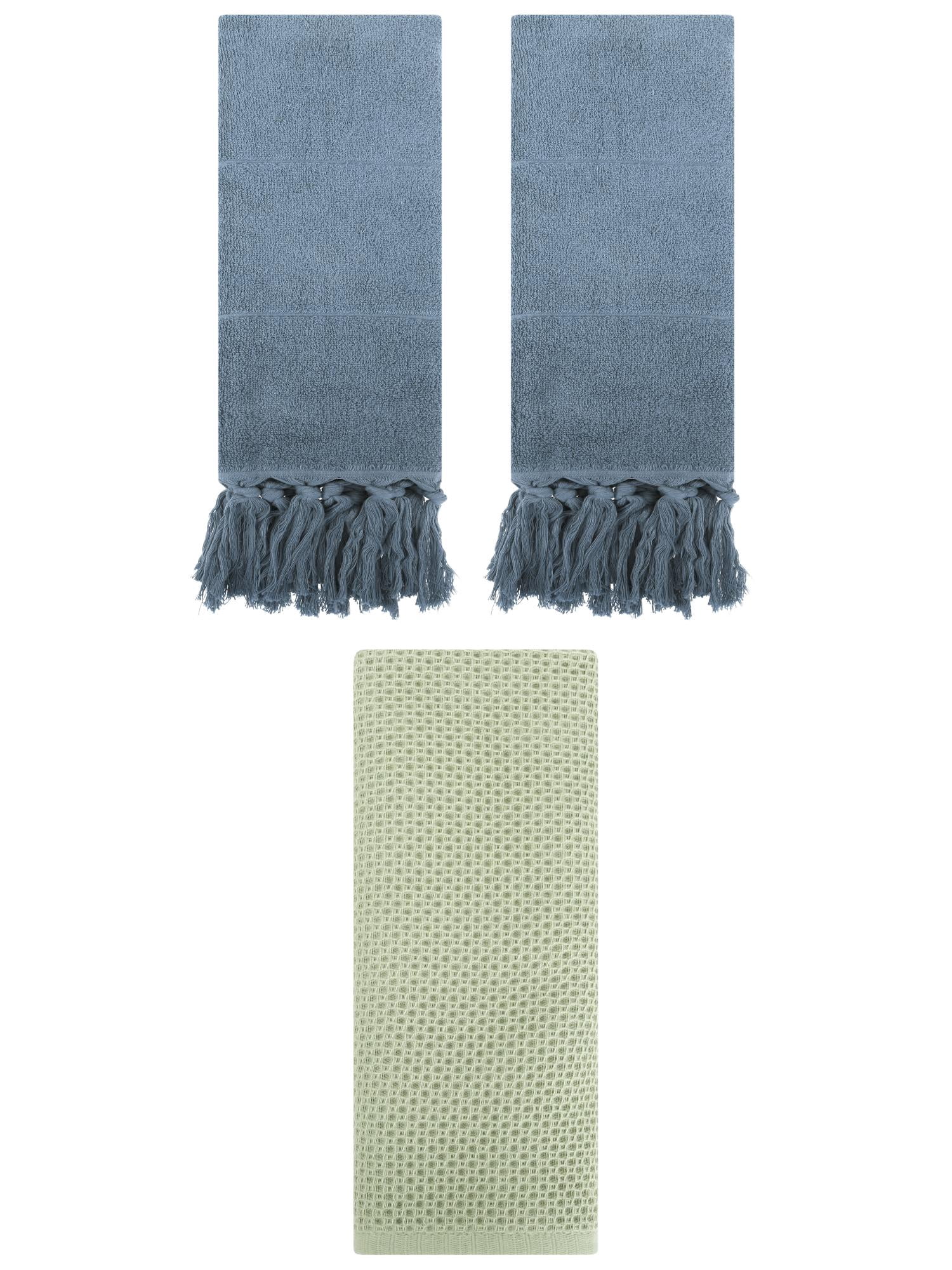 Unique Bargains 3 Pack Cotton Soft Absorbent Tassels and Waffle Decorative Hand Towel Blue/Light Green 14" x 30"/13" x 30"