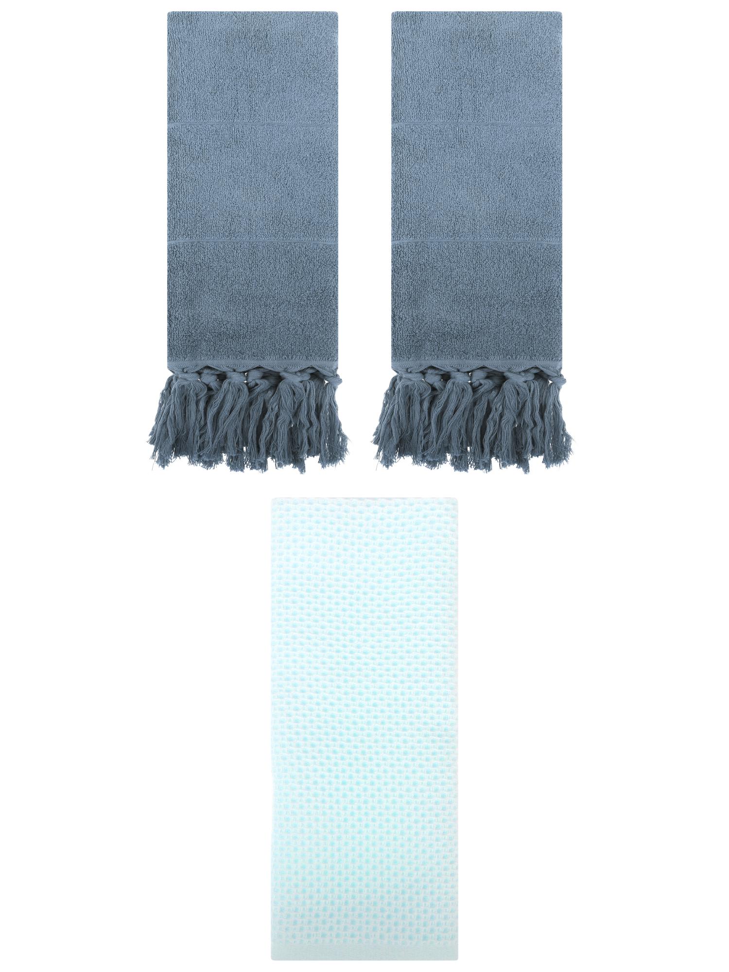 Unique Bargains 3 Pack Cotton Soft Absorbent Tassels and Waffle Decorative Hand Towel Blue/Light Cyan 14" x 30"/13" x 30"