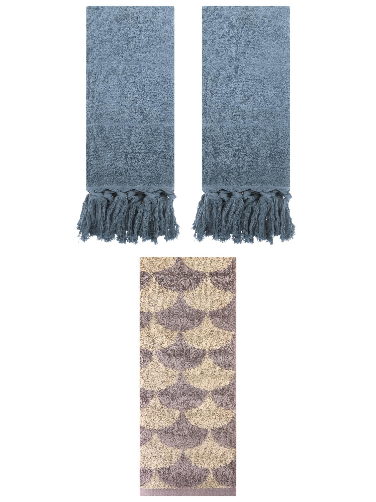 Unique Bargains 3 Pack Geometric and Solid Absorbent Soft Cotton Hand Towel Set Blue/Brown 14" x 30"/13" x 29"