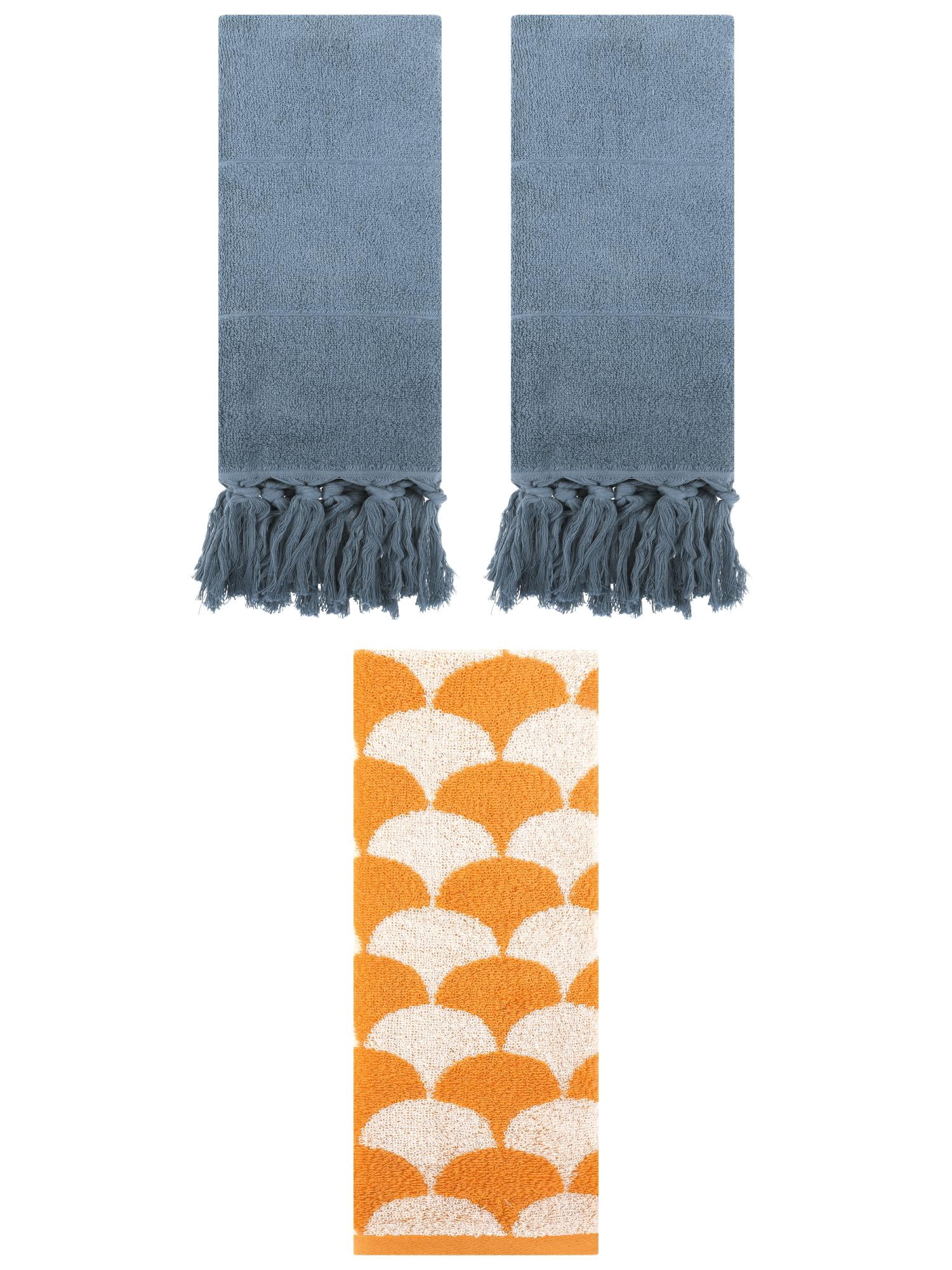 Unique Bargains 3 Pack Geometric and Solid Absorbent Soft Cotton Hand Towel Set Blue/Orange 14" x 30"/13" x 29"