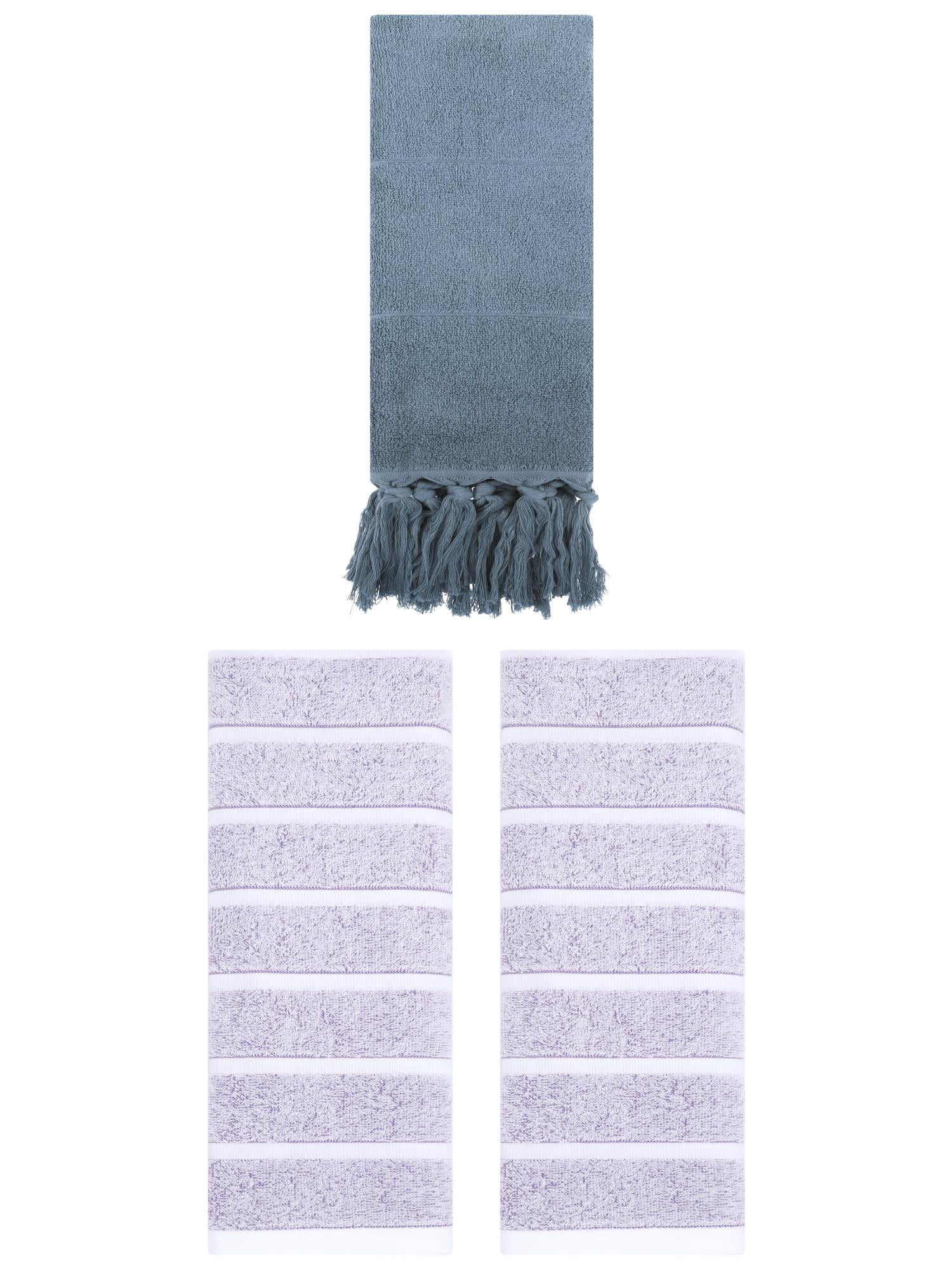 Unique Bargains 3 Pack Striped and Solid Absorbent Soft Cotton Hand Towel for Bathroom Blue/Light Purple 14" x 30"/13" x 29"
