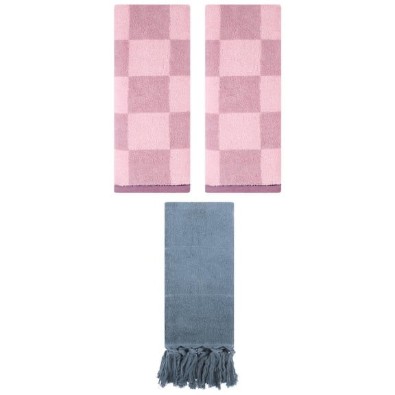 Unique Bargains 3 Pack Checkered and Tassels Absorbent Soft Cotton Bathroom Hand Towel Blue/Purple 14" x 30"/14" x 28"