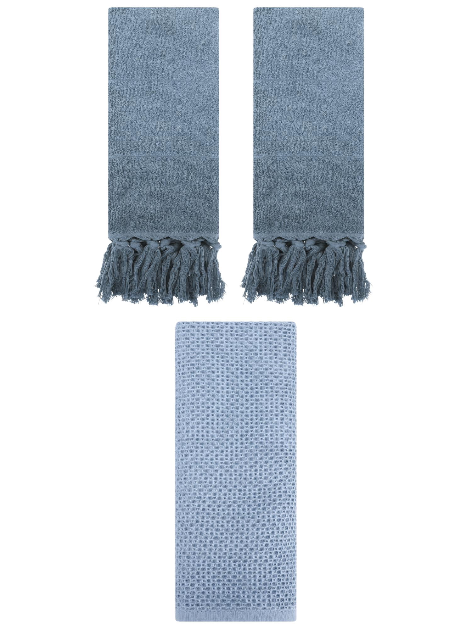 Unique Bargains 3 Pack Cotton Soft Absorbent Tassels and Waffle Decorative Hand Towel Blue/Steel Blue 14" x 30"/13" x 30"