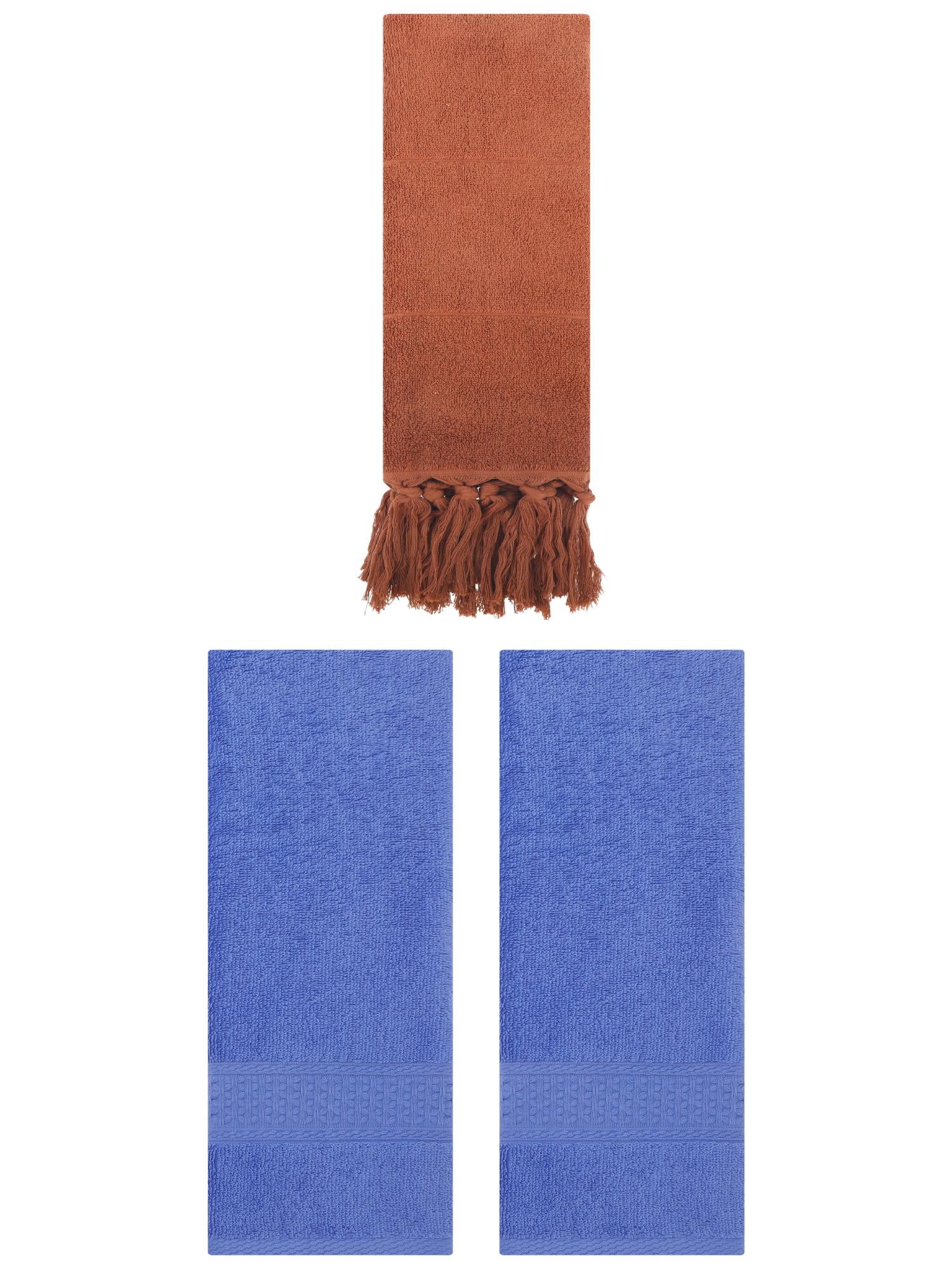 Unique Bargains 3 Packs Textured Tassels Hand Towel Brown/Blue 14" x 30"/13" x 30"