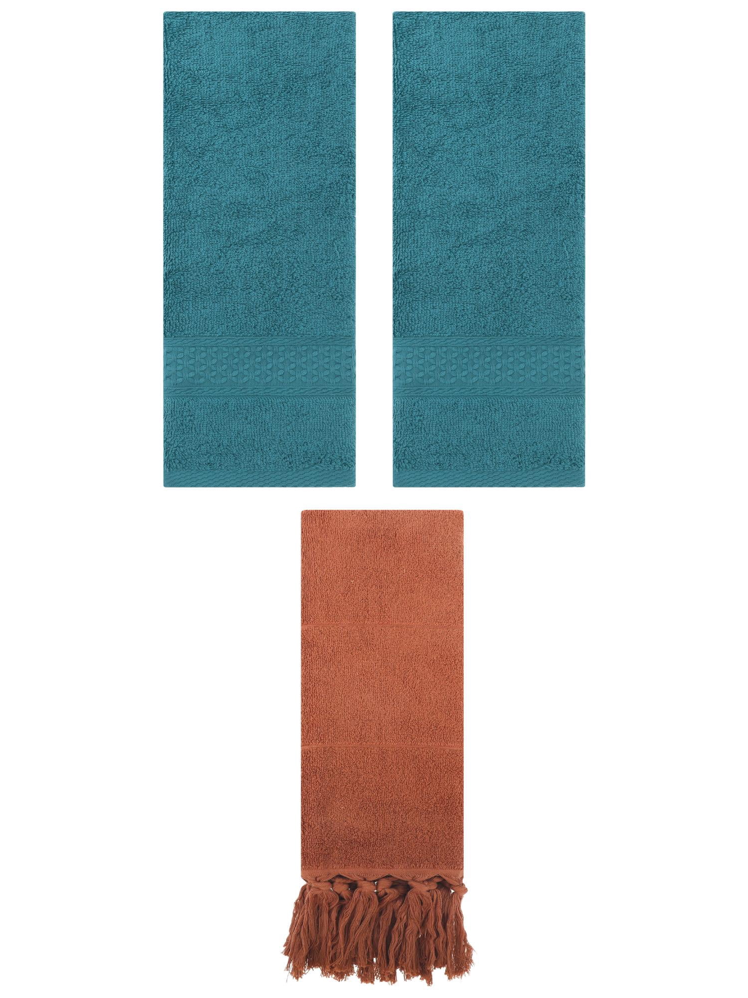 Unique Bargains 3 Packs Textured Tassels Hand Towel Brown/Dark Green 14" x 30"/13" x 30"