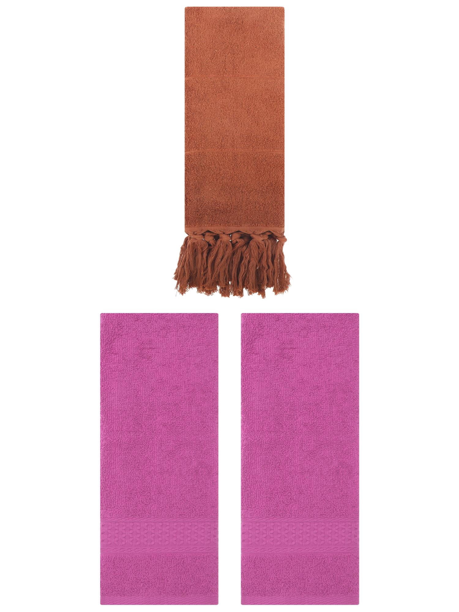 Unique Bargains 3 Packs Textured Tassels Hand Towel Brown/Dark Pink 14" x 30"/13" x 30"