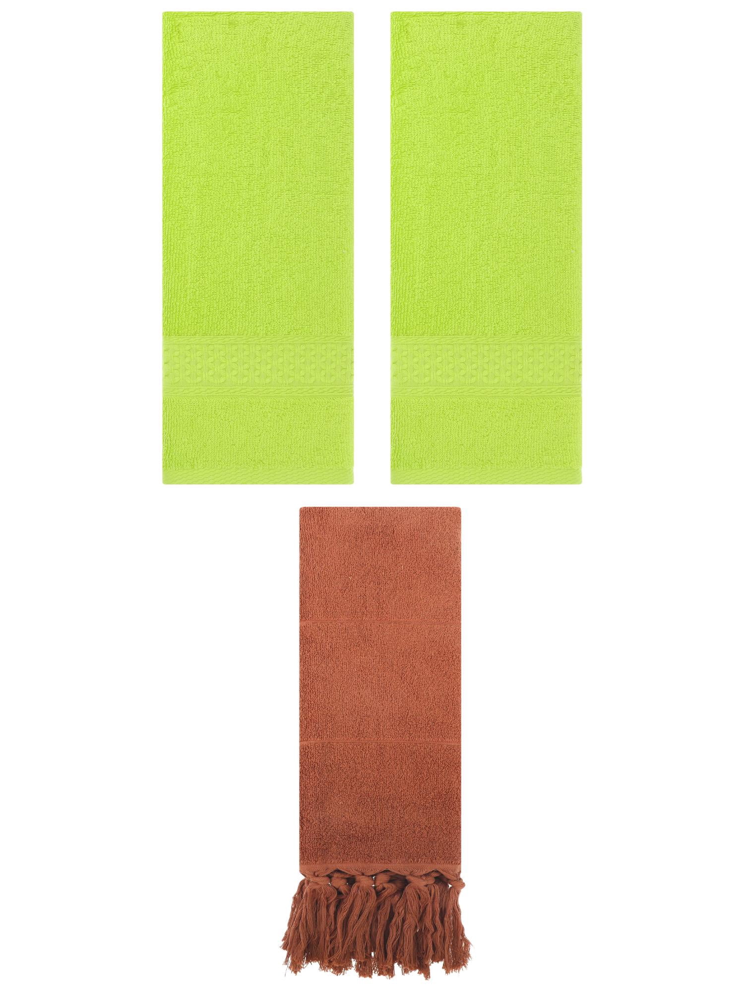 Unique Bargains 3 Packs Textured Tassels Hand Towel Brown/Light Green 14" x 30"/13" x 30"