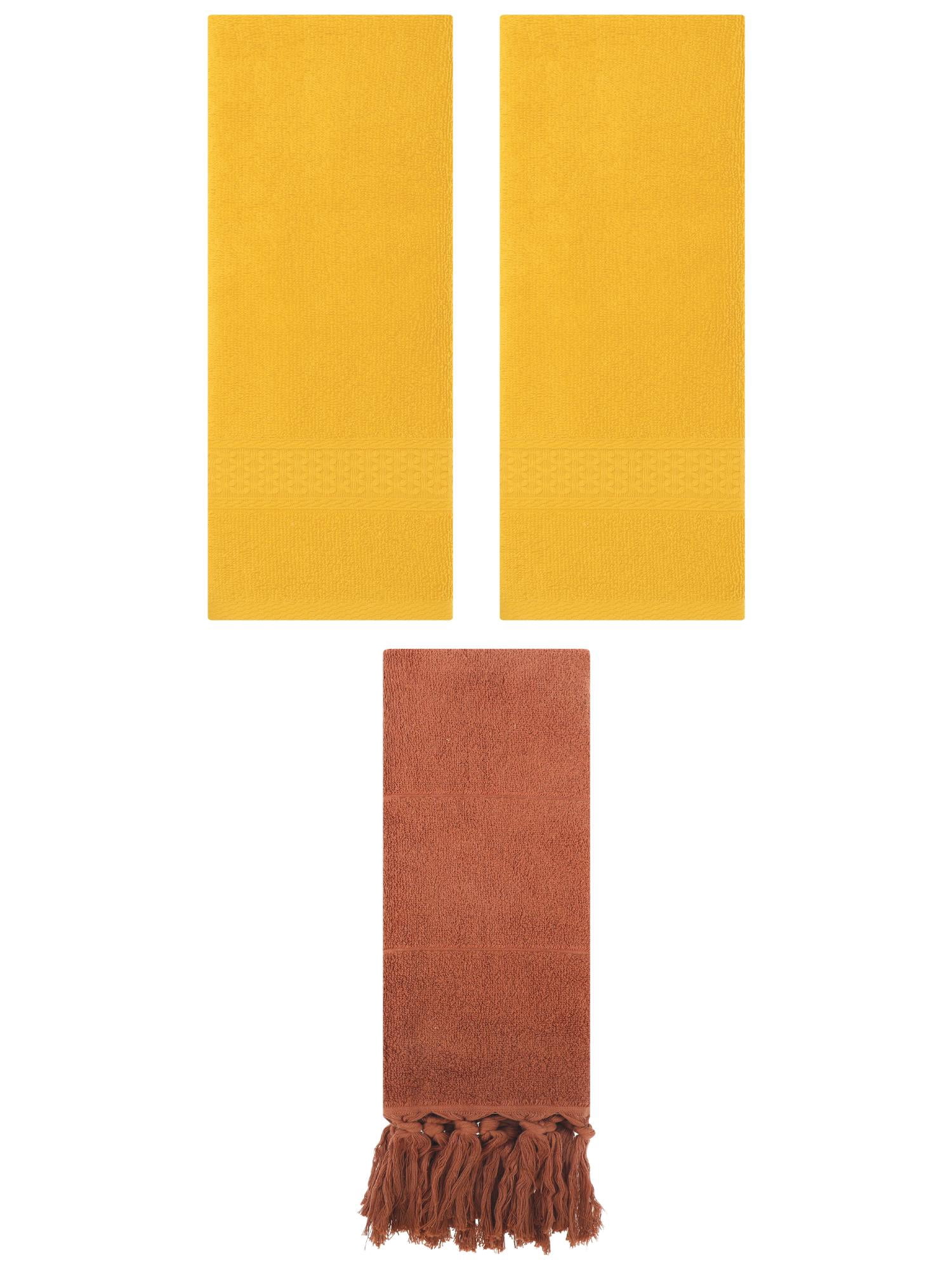 Unique Bargains 3 Packs Textured Tassels Hand Towel Brown/Yellow 14" x 30"/13" x 30"