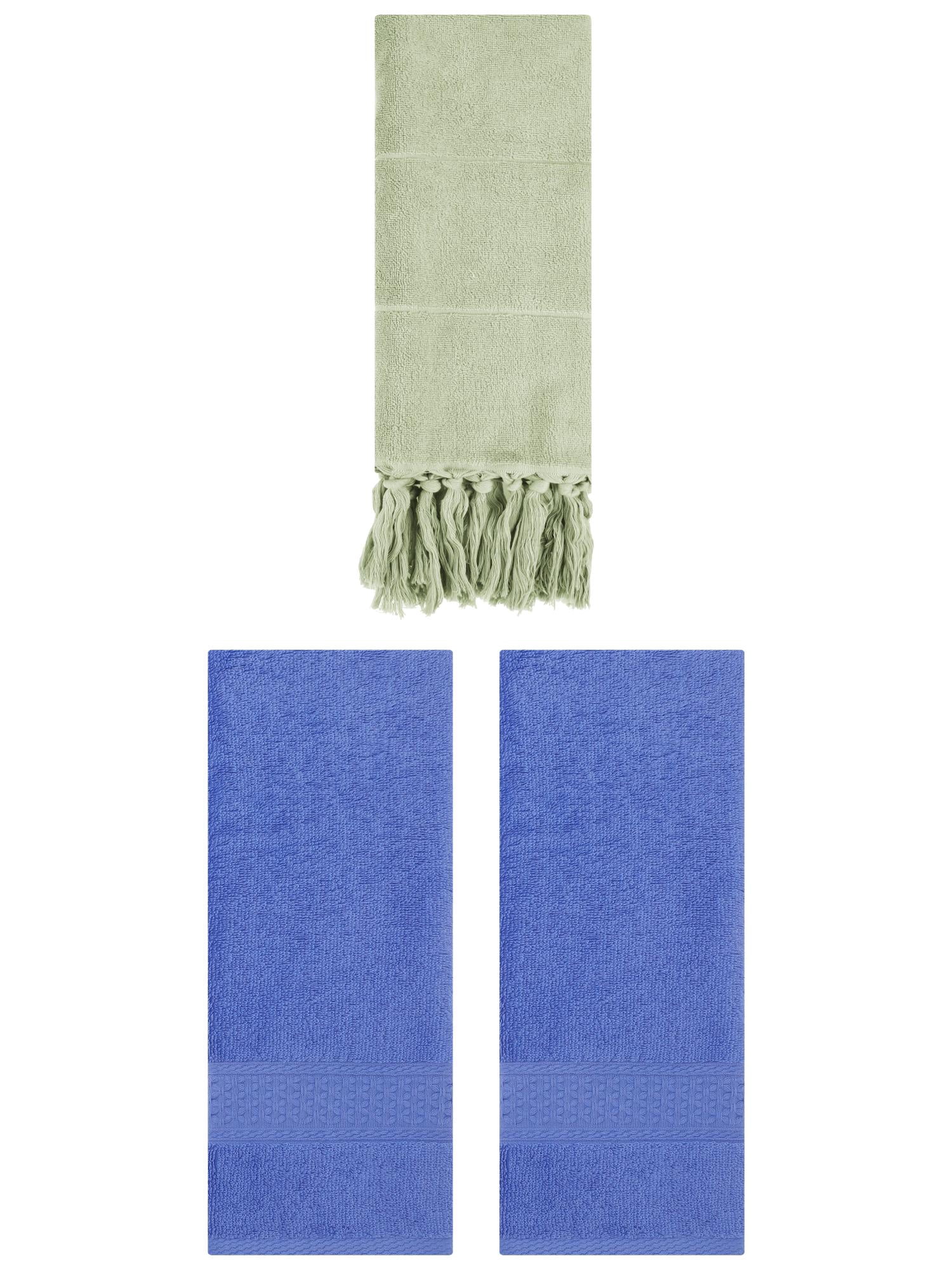 Unique Bargains 3 Packs Textured Tassels Hand Towel Green/Blue 14" x 30"/13" x 30"