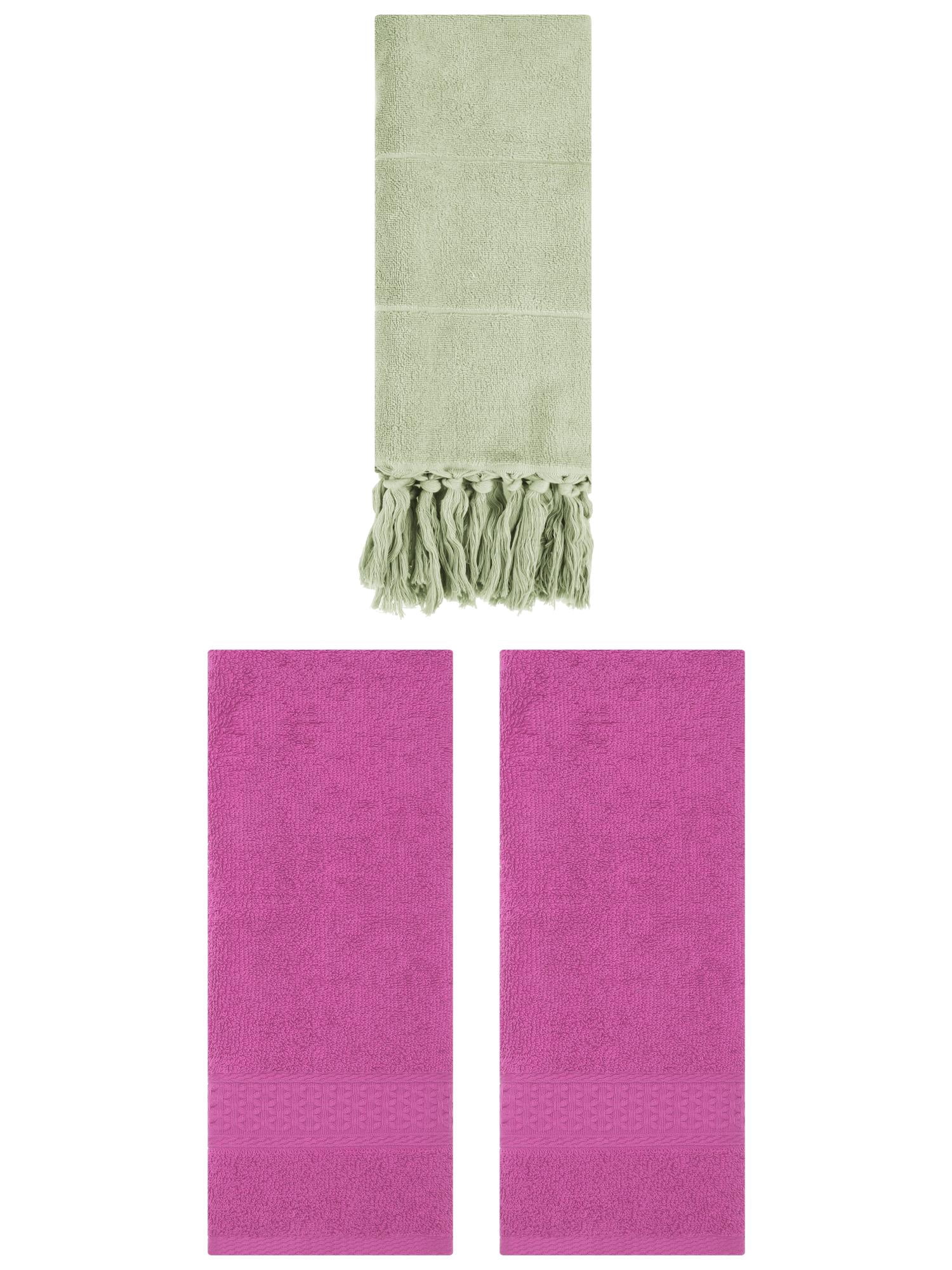 Unique Bargains 3 Packs Textured Tassels Hand Towel Green/Dark Pink 14" x 30"/13" x 30"