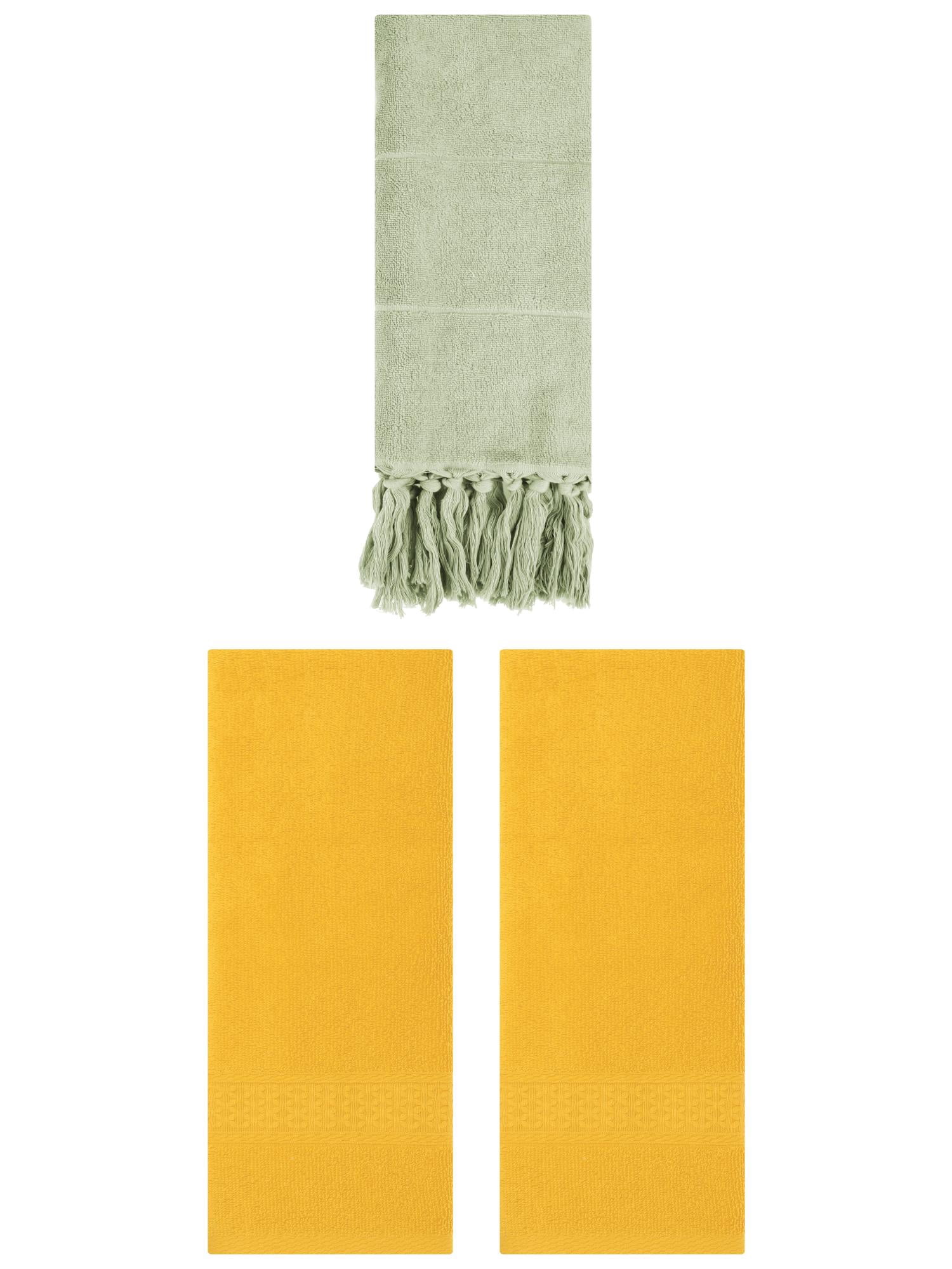 Unique Bargains 3 Packs Textured Tassels Hand Towel Green/Yellow 14" x 30"/13" x 30"