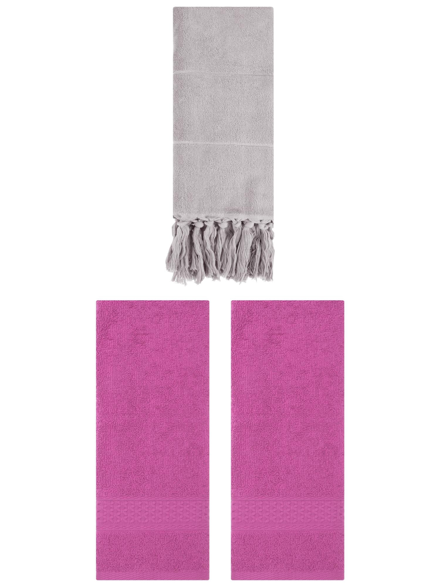 Unique Bargains 3 Packs Textured Tassels Hand Towel Grey/Dark Pink 14" x 30"/13" x 30"