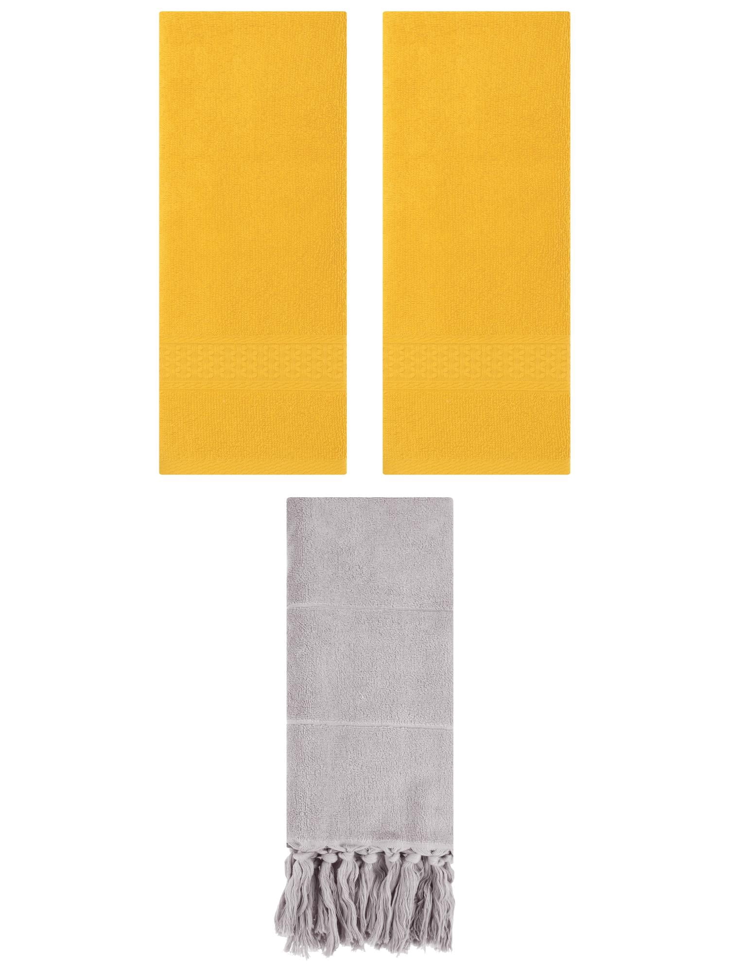 Unique Bargains 3 Packs Textured Tassels Hand Towel Grey/Yellow 14" x 30"/13" x 30"