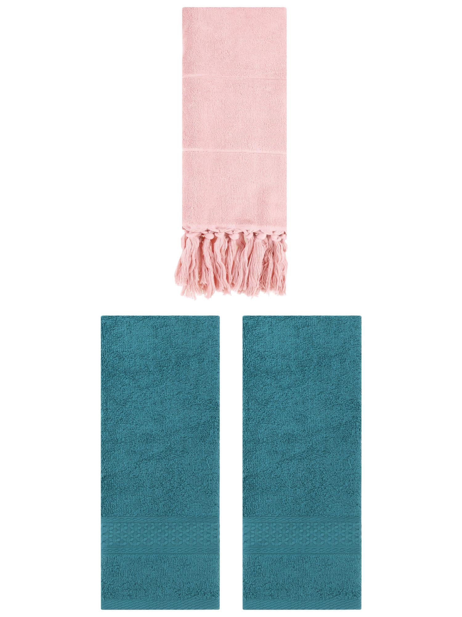 Unique Bargains 3 Packs Textured Tassels Hand Towel Pink/Dark Green 14" x 30"/13" x 30"