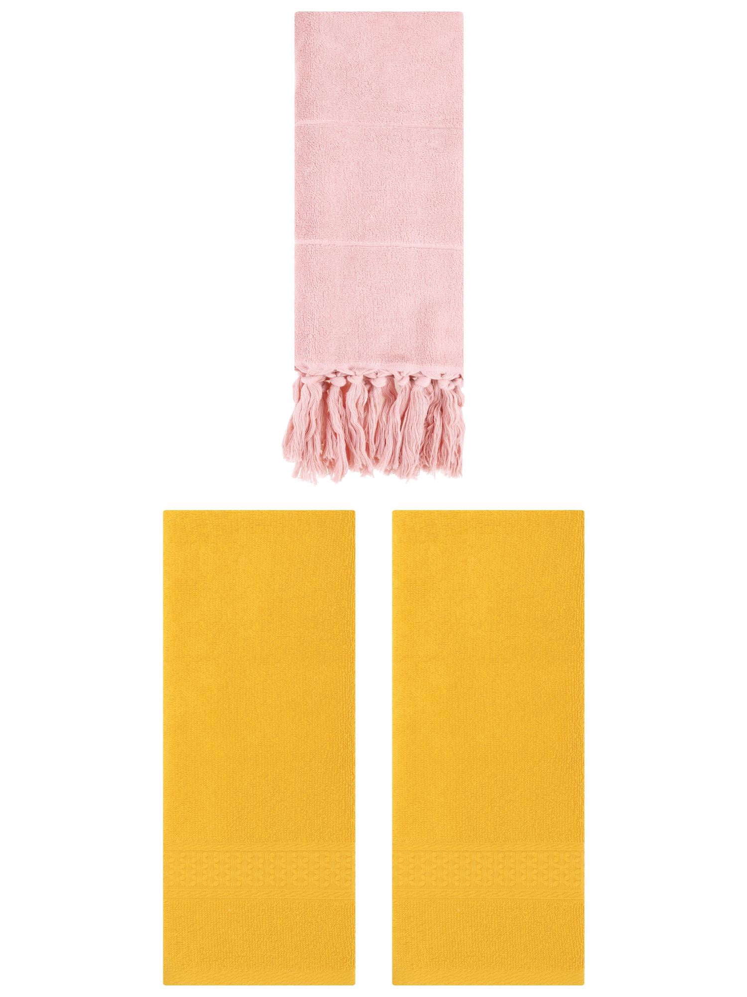 Unique Bargains 3 Packs Textured Tassels Hand Towel Pink/Yellow 14" x 30"/13" x 30"