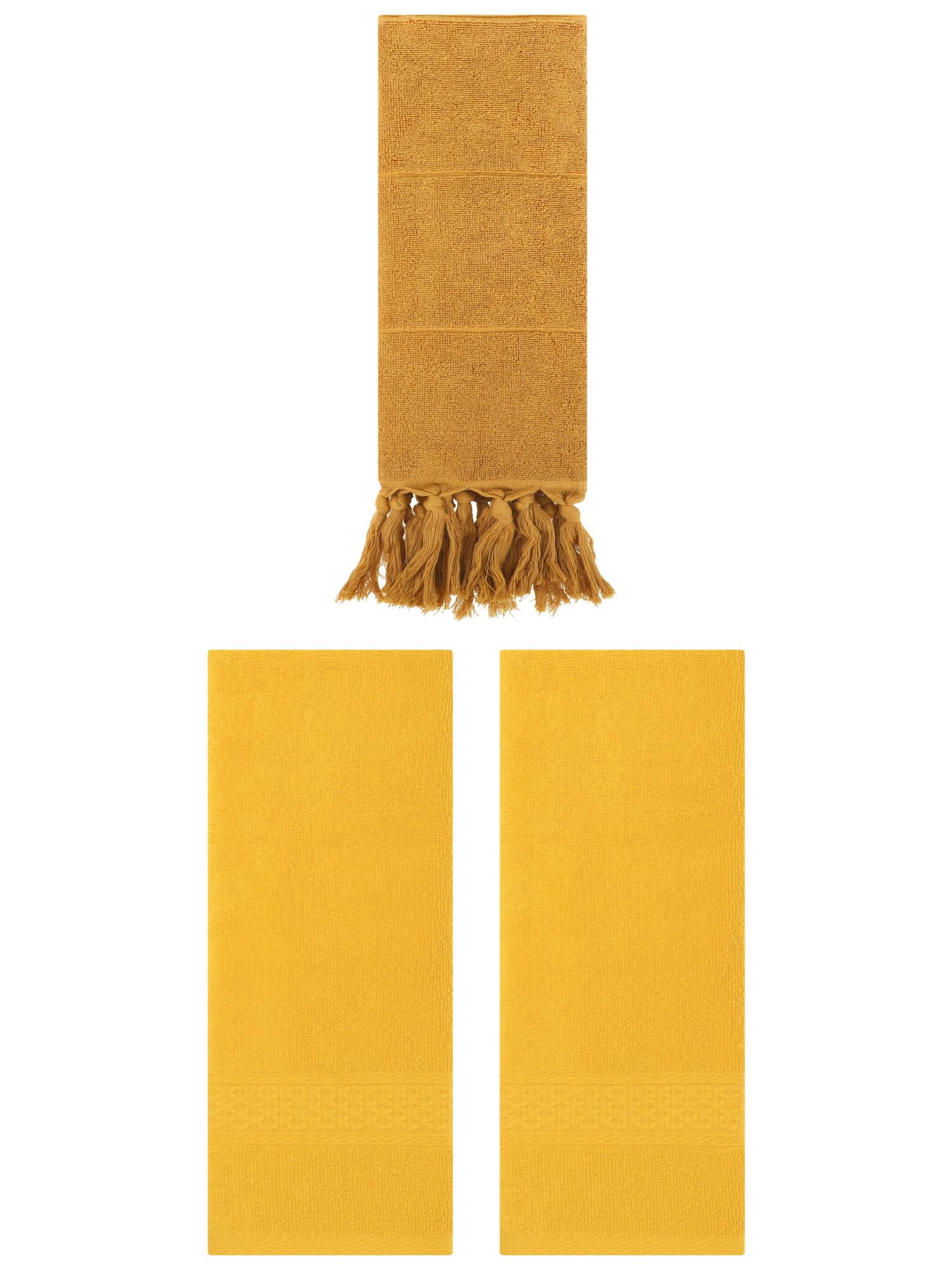 Unique Bargains 3 Packs Textured Tassels Hand Towel Yellow 14" x 30"/13" x 30"