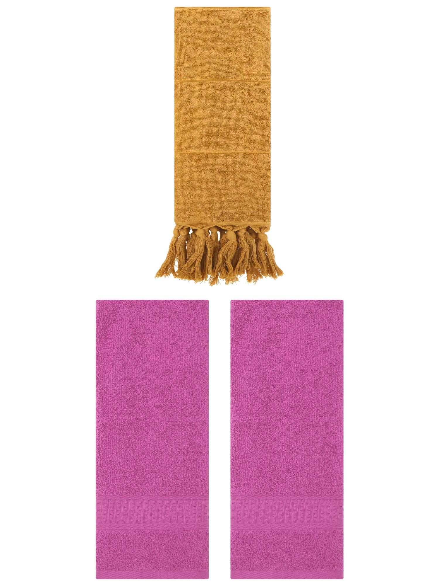 Unique Bargains 3 Packs Textured Tassels Hand Towel Yellow/Dark Pink 14" x 30"/13" x 30"