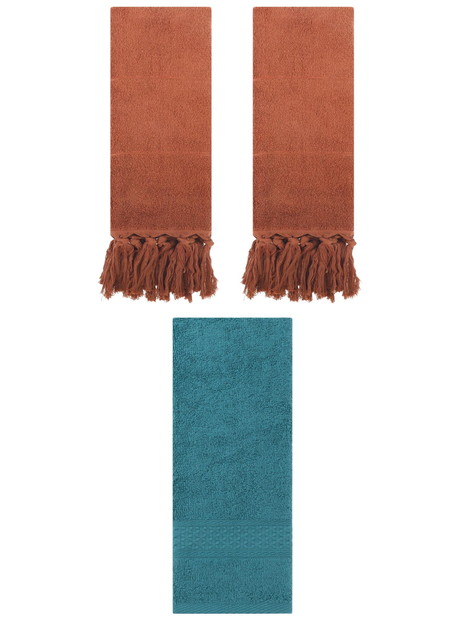 Unique Bargains 3 Packs Textured Tassels Hand Towels Brown/Dark Green 14" x 30"/13" x 30"
