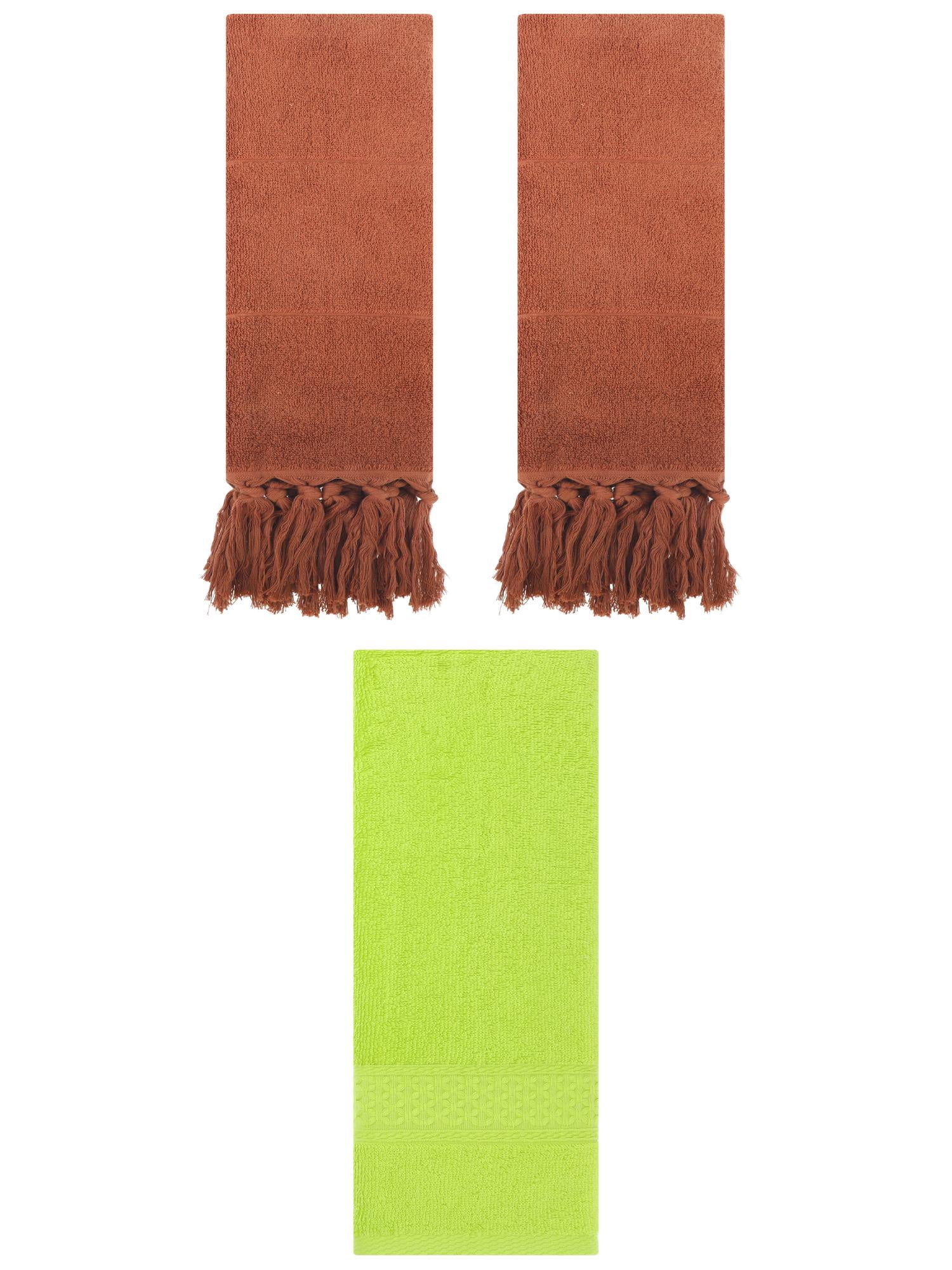 Unique Bargains 3 Packs Textured Tassels Hand Towels Brown/Light Green 14" x 30"/13" x 30"