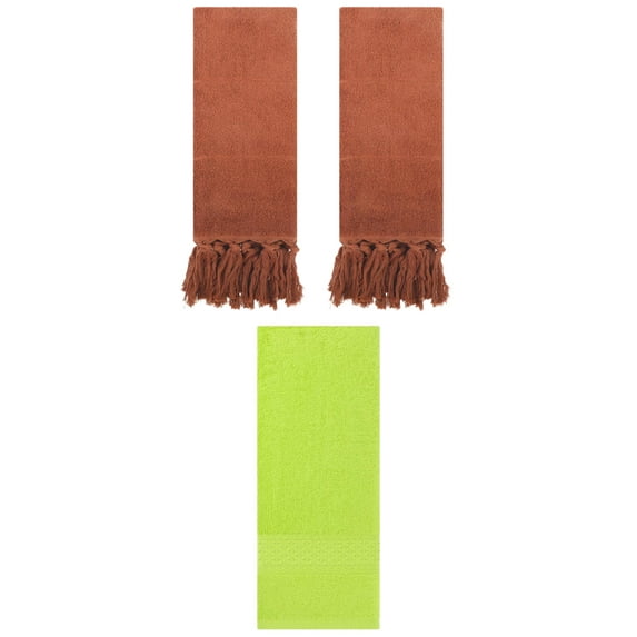 Unique Bargains 3 Packs Textured Tassels Hand Towels Brown/Light Green 14" x 30"/13" x 30"