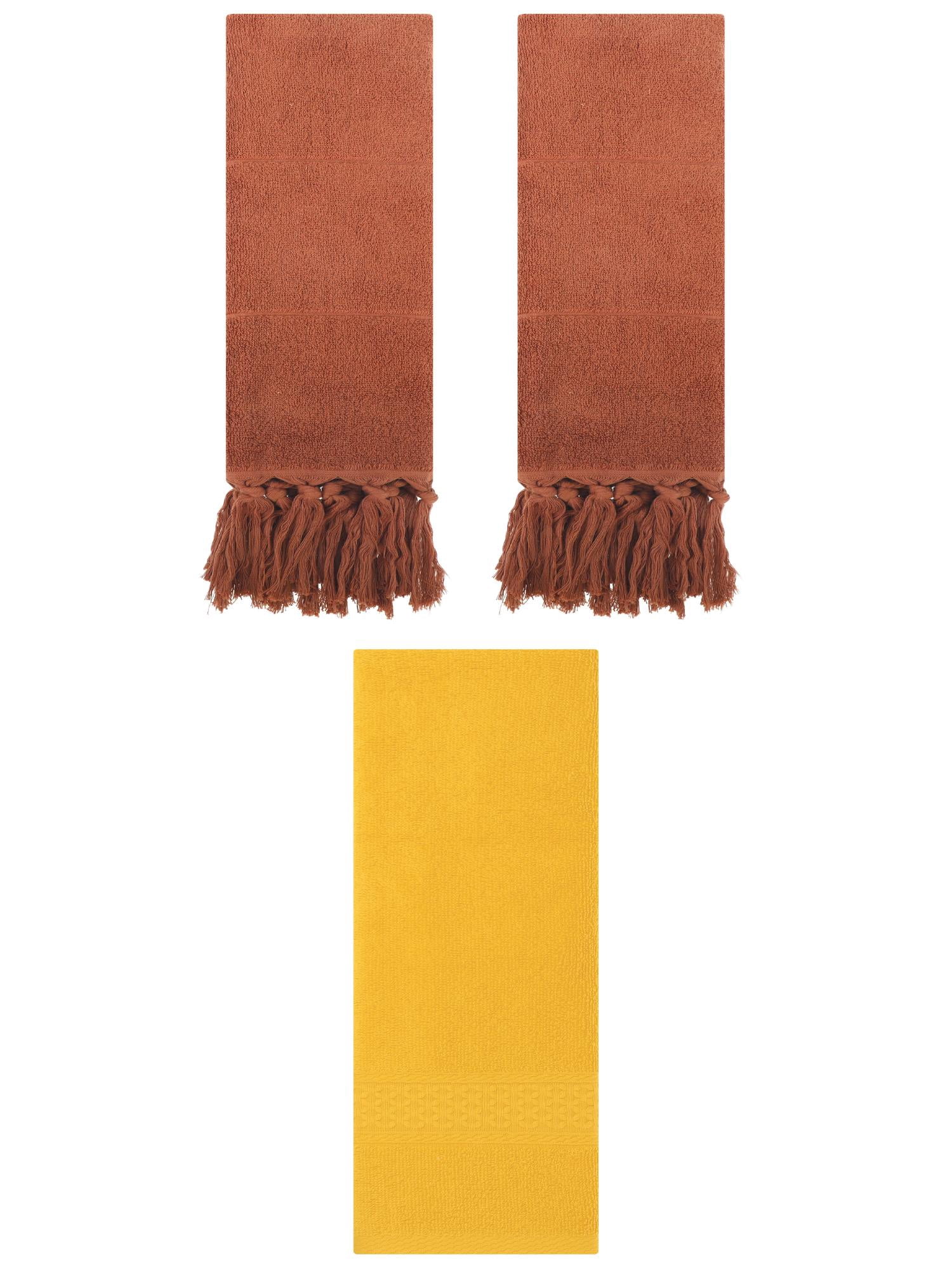 Unique Bargains 3 Packs Textured Tassels Hand Towels Brown/Yellow 14" x 30"/13" x 30"