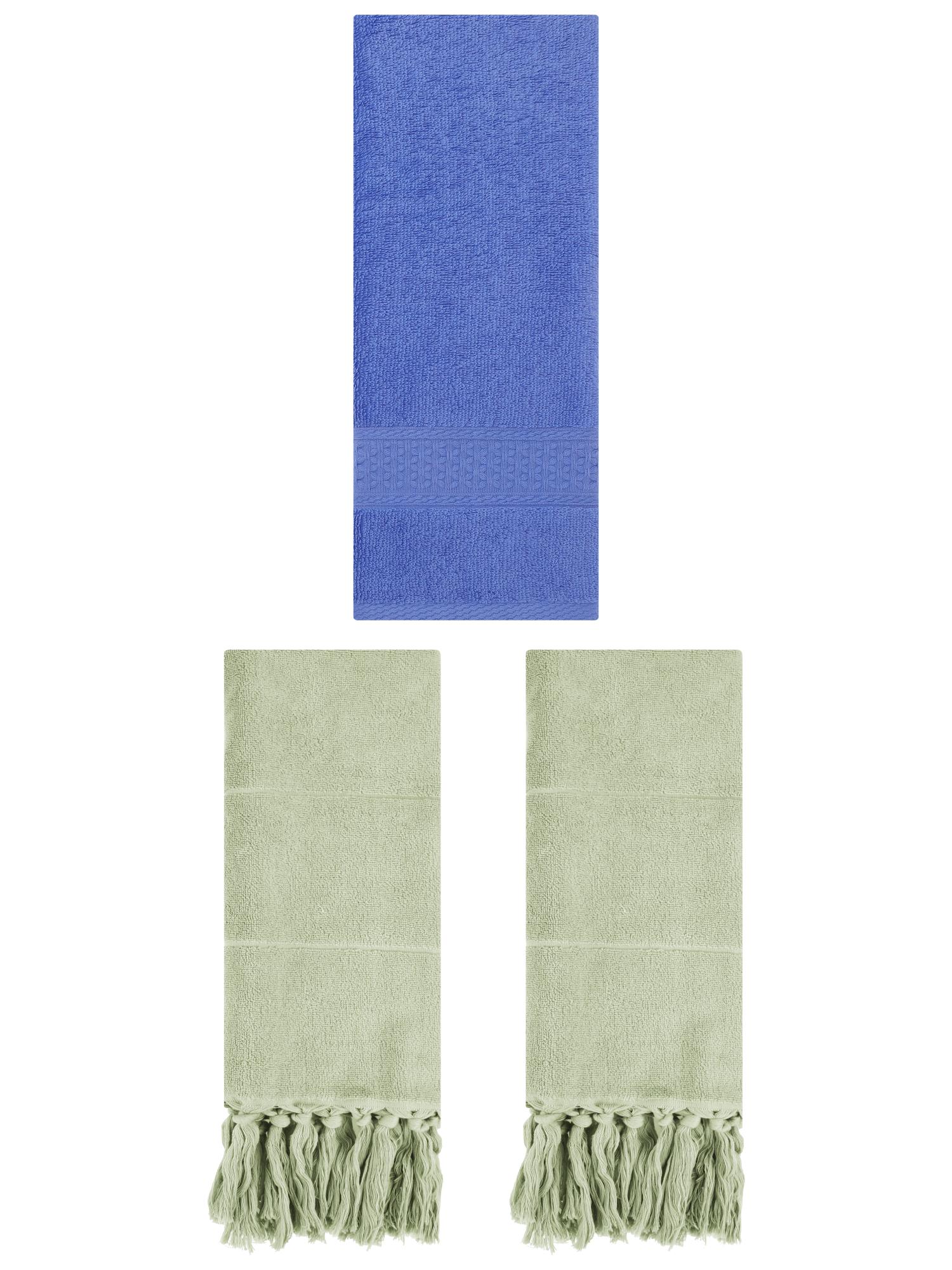 Unique Bargains 3 Packs Textured Tassels Hand Towels Green/Blue 14" x 30"/13" x 30"