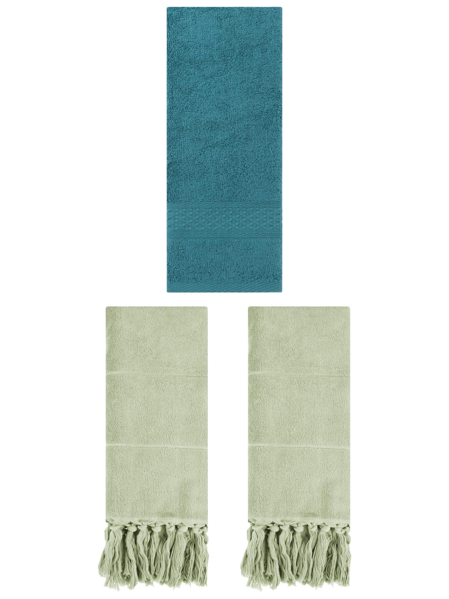 Unique Bargains 3 Packs Textured Tassels Hand Towels Green/Dark Green 14" x 30"/13" x 30"