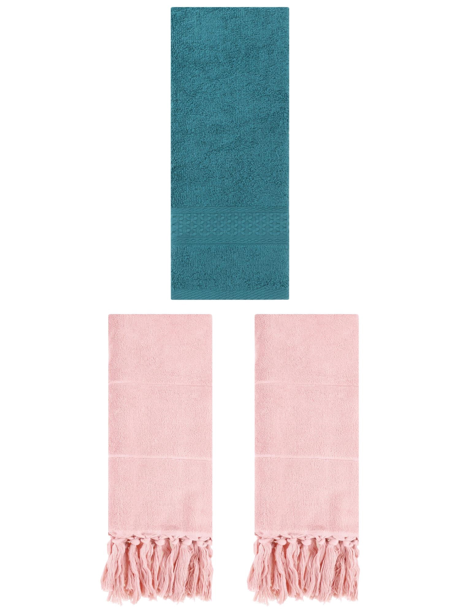 Unique Bargains 3 Packs Textured Tassels Hand Towels Pink/Dark Green 14" x 30"/13" x 30"
