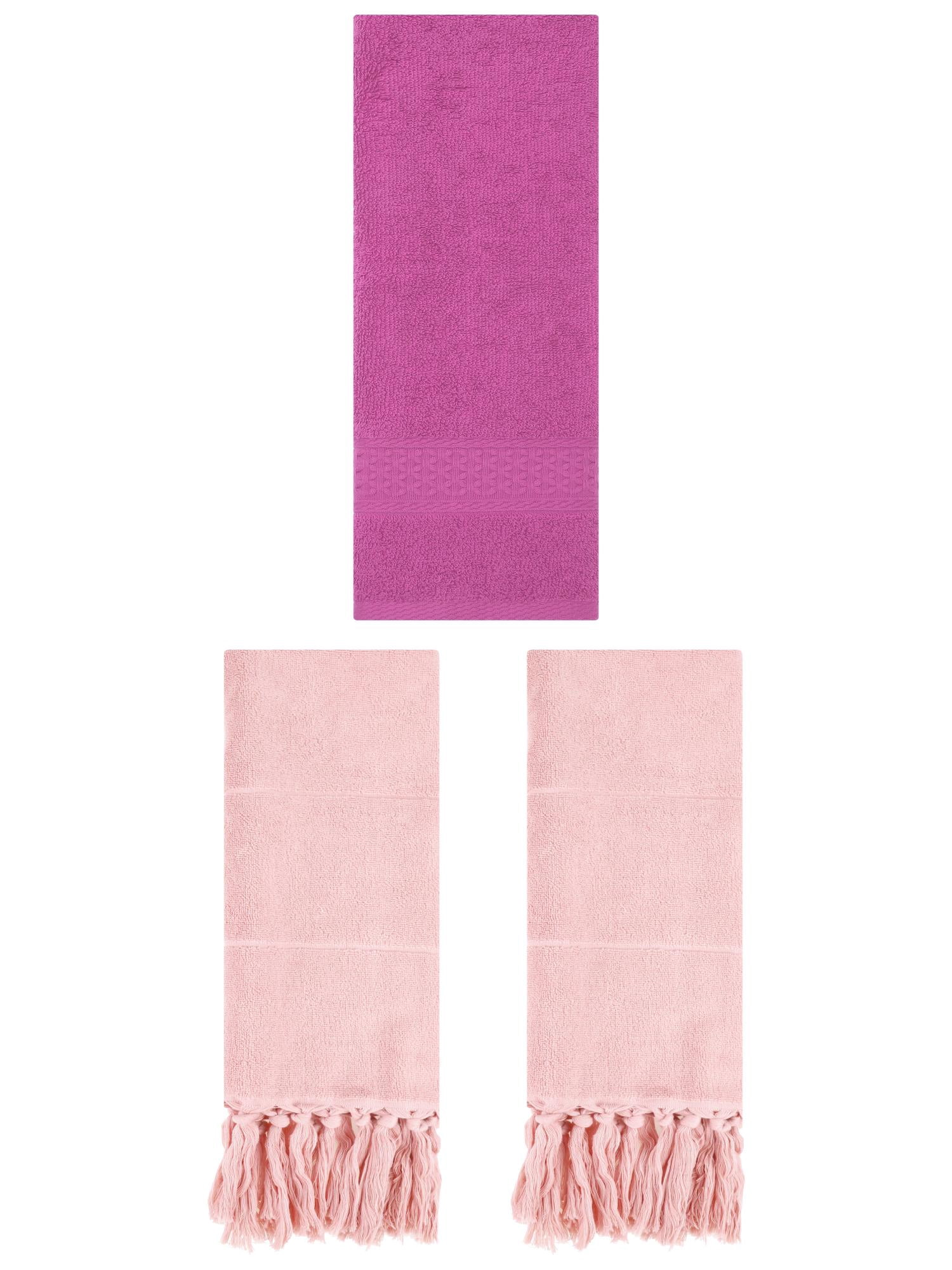 Unique Bargains 3 Packs Textured Tassels Hand Towels Pink/Dark Pink 14" x 30"/13" x 30"