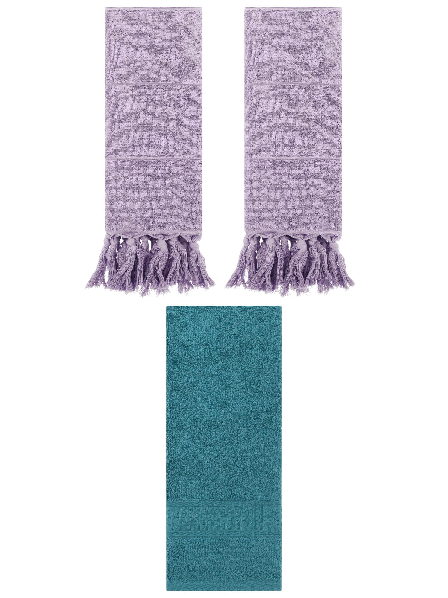 Unique Bargains 3 Packs Textured Tassels Hand Towels Purple/Dark Green 14" x 30"/13" x 30"