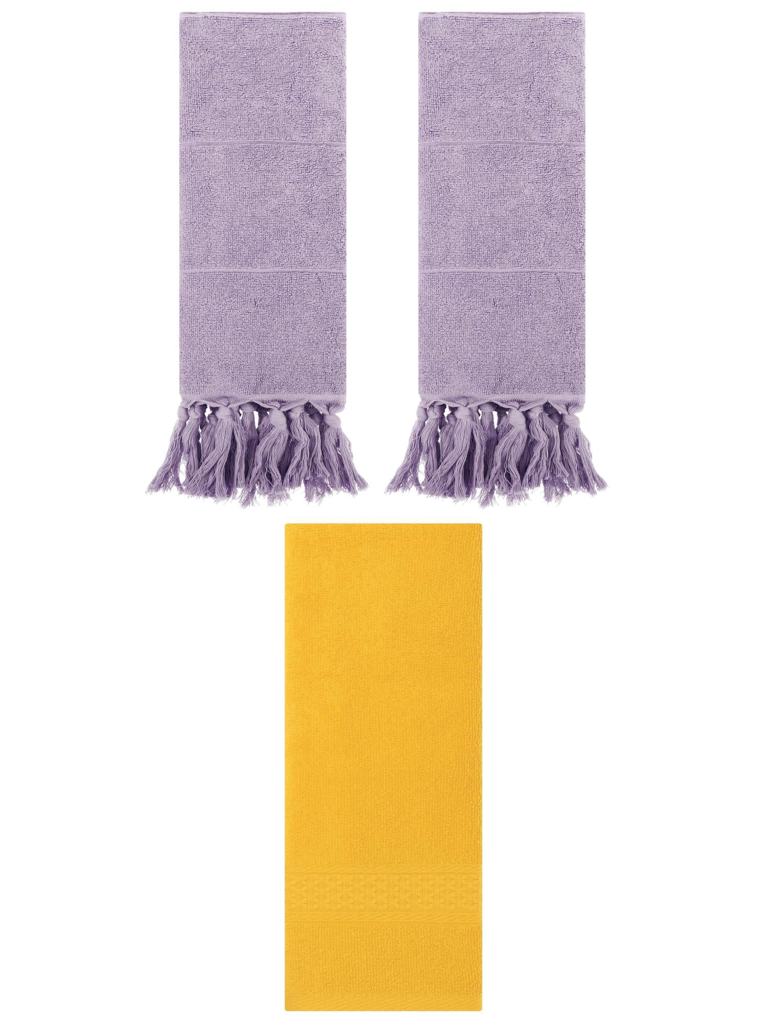 Unique Bargains 3 Packs Textured Tassels Hand Towels Purple/Yellow 14" x 30"/13" x 30"