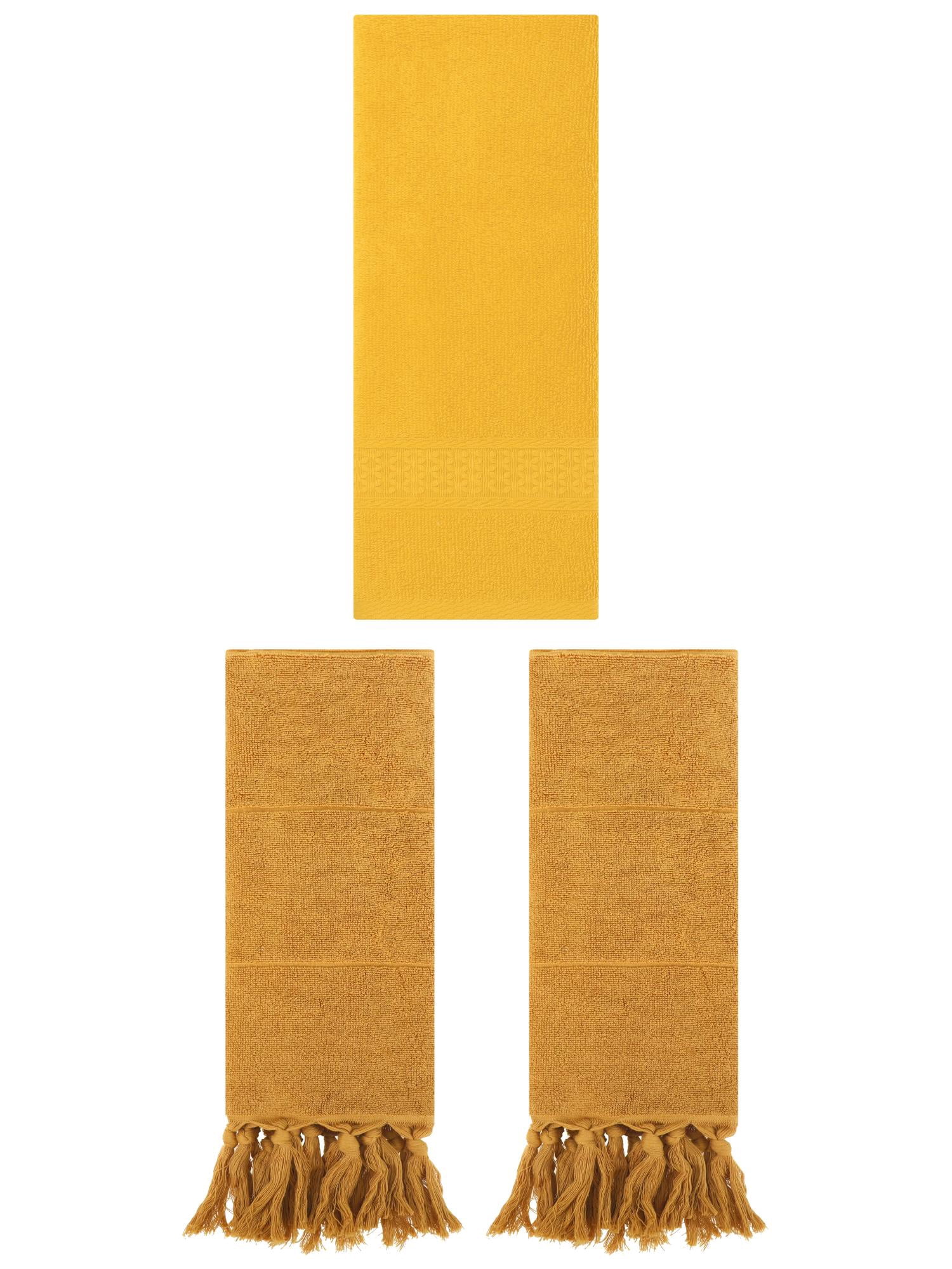Unique Bargains 3 Packs Textured Tassels Hand Towels Yellow 14" x 30"/13" x 30"
