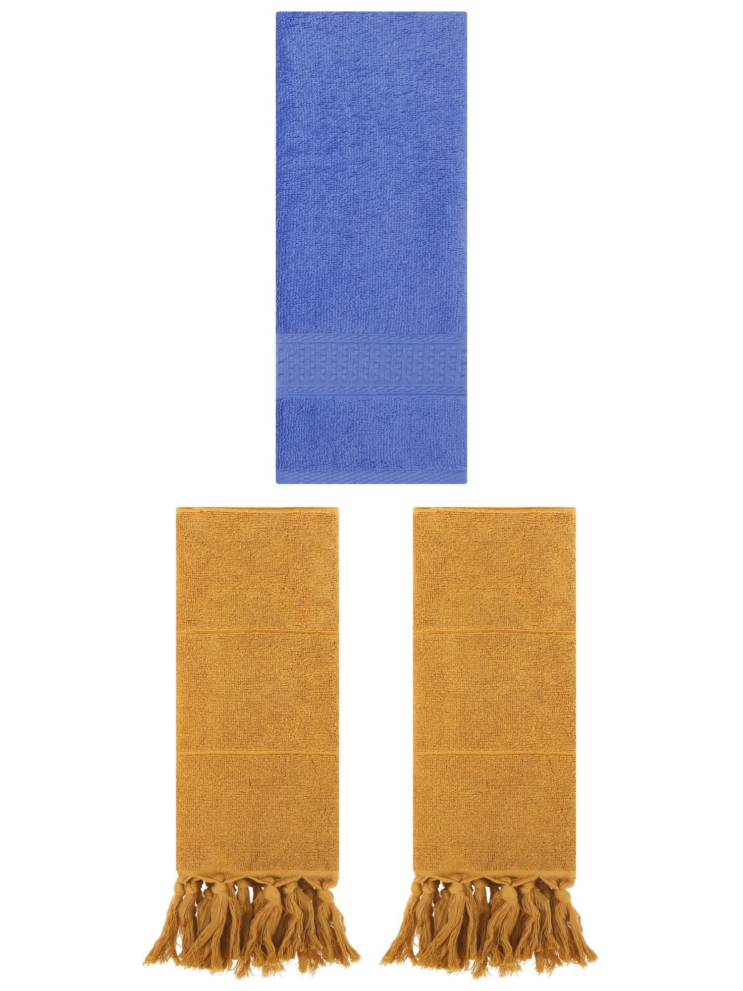 Unique Bargains 3 Packs Textured Tassels Hand Towels Yellow/Blue 14" x 30"/13" x 30"