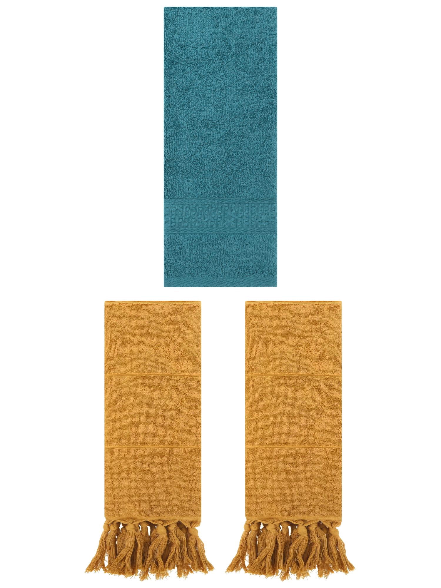 Unique Bargains 3 Packs Textured Tassels Hand Towels Yellow/Dark Green 14" x 30"/13" x 30"