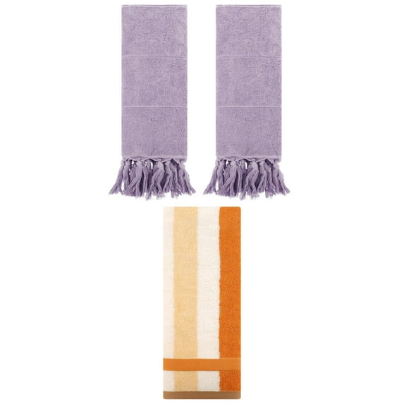 Unique Bargains 3 Pcs Bathroom Hand Towel Set Purple/Brown Yellow 14"x30"/13"x29"