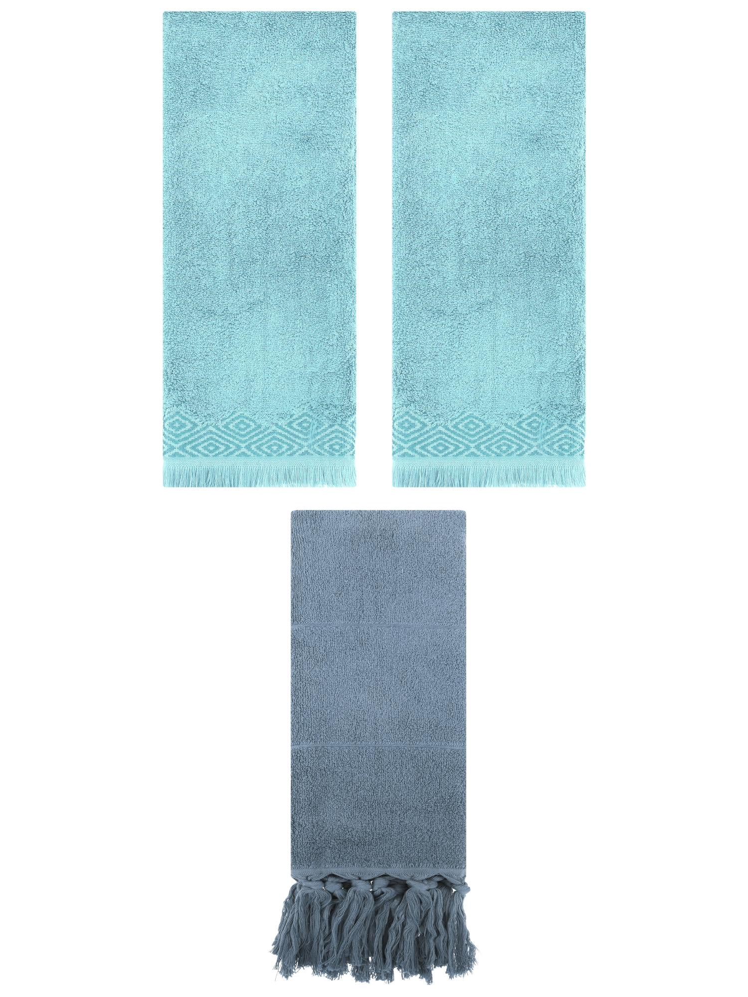 Unique Bargains 3 Pack Cotton Absorbent Soft Turkish Hand Towels with tassel for Bathroom Blue 14" x 30"/13" x 29"