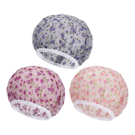 Unique Bargains 3 Pcs Disposable Shower Cap Pink Blue Purple EVA