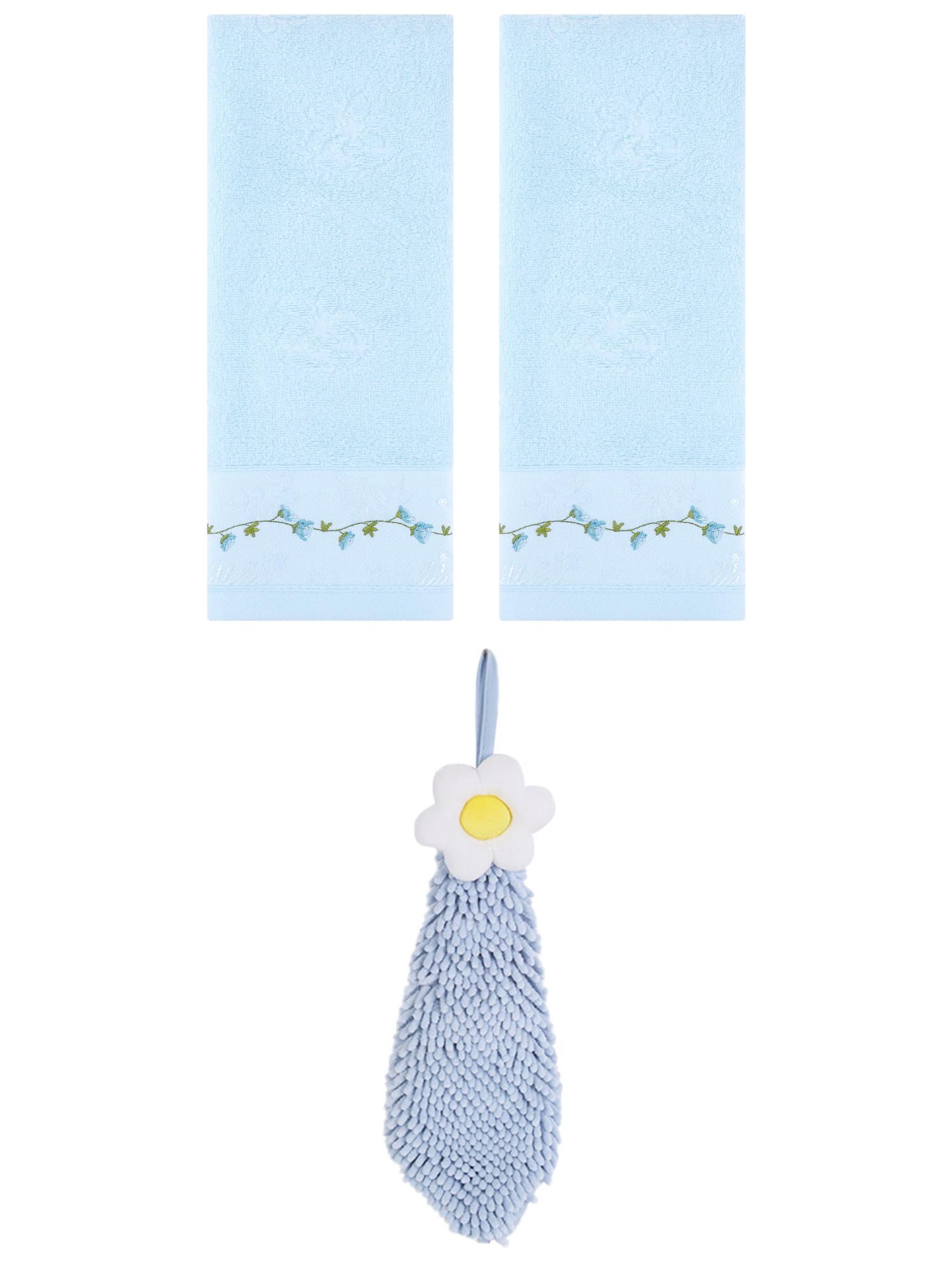 Unique Bargains 3 Pcs Floral Soft Hand Towels Blue/Blue-1 13" x 29"/6" x 15"
