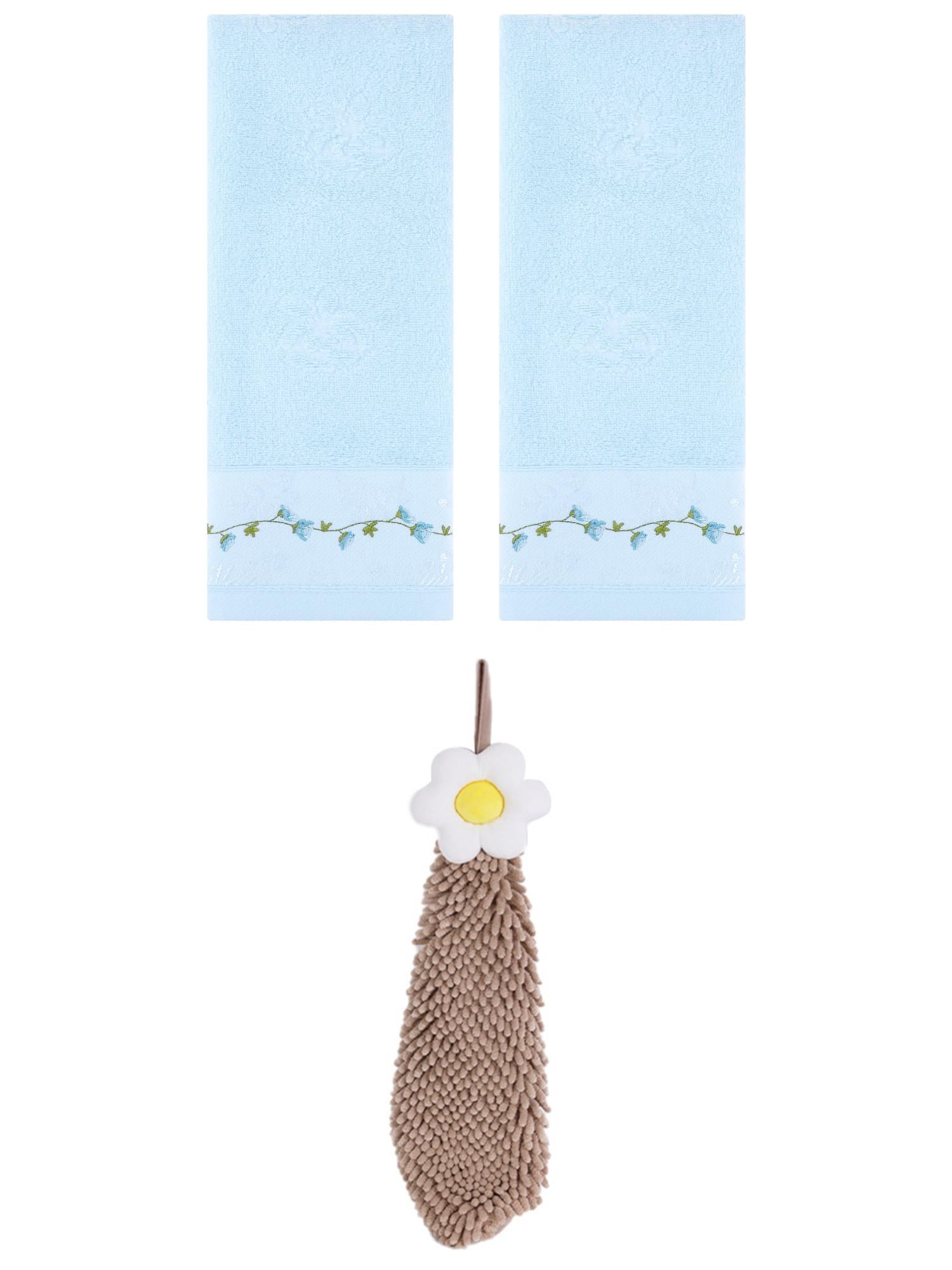 Unique Bargains 3 Pcs Floral Soft Hand Towels Blue/Brown 13" x 29"/6" x 15"