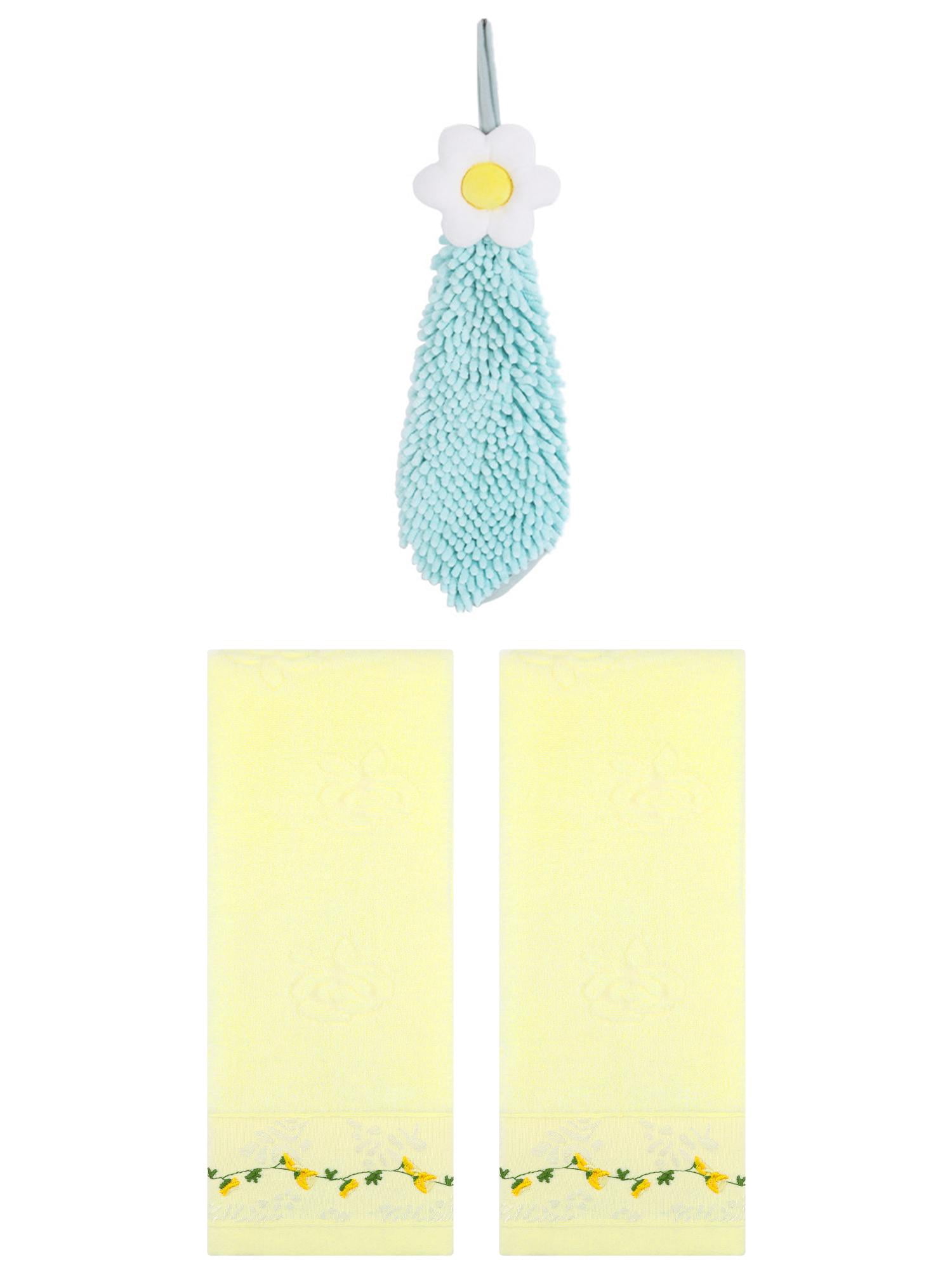 Unique Bargains 3 Pcs Floral Soft Hand Towels Light Yellow/Green 13" x 29"/6" x 15"