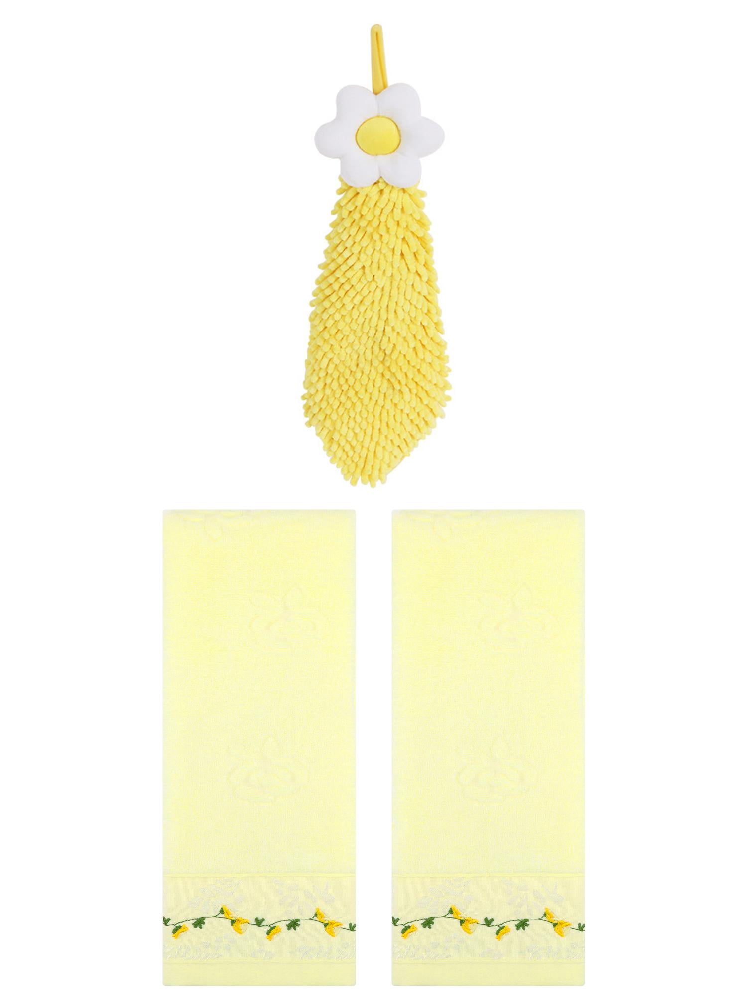 Unique Bargains 3 Pcs Floral Soft Hand Towels Light Yellow/Yellow 13" x 29"/6" x 15"