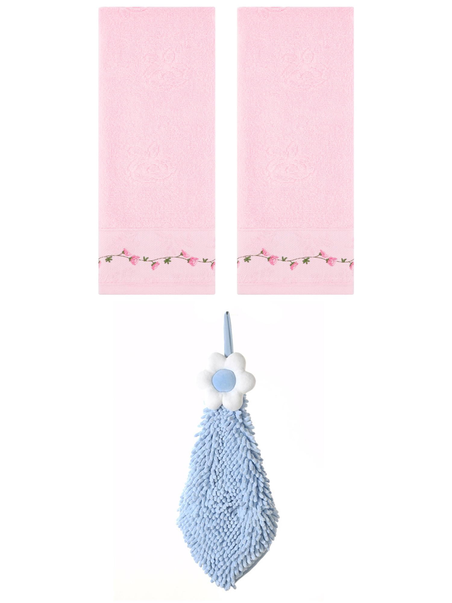 Unique Bargains 3 Pcs Floral Soft Hand Towels Pink/Blue-2 13" x 29"/6" x 15"