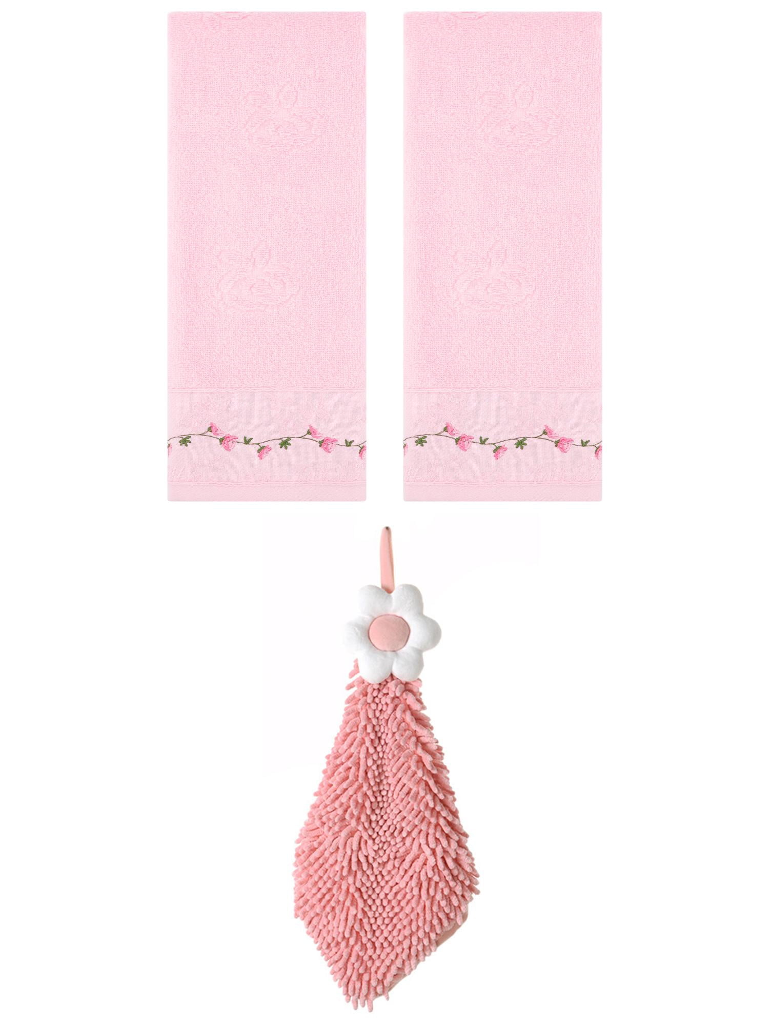 Unique Bargains 3 Pcs Floral Soft Hand Towels Pink/Pink-2 13" x 29"/6" x 15"