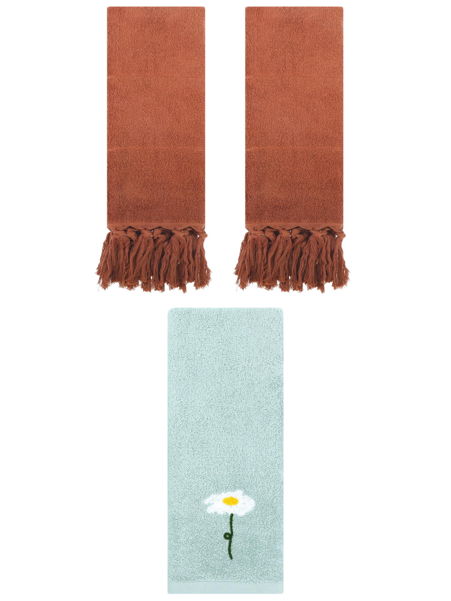 Unique Bargains 3 Pcs Floral Solid Hand Towel Set Brown/Blue 14"x30"/13"x30"