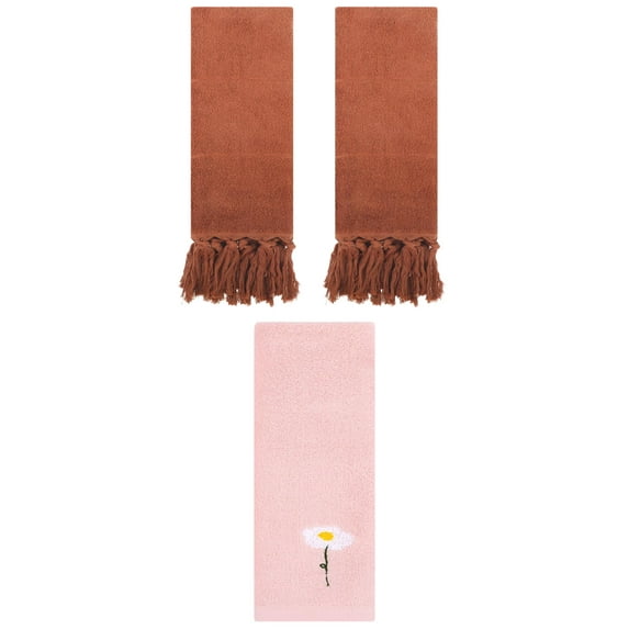 Unique Bargains 3 Pcs Floral Solid Hand Towel Set Brown/Pink 14"x30"/13"x30"