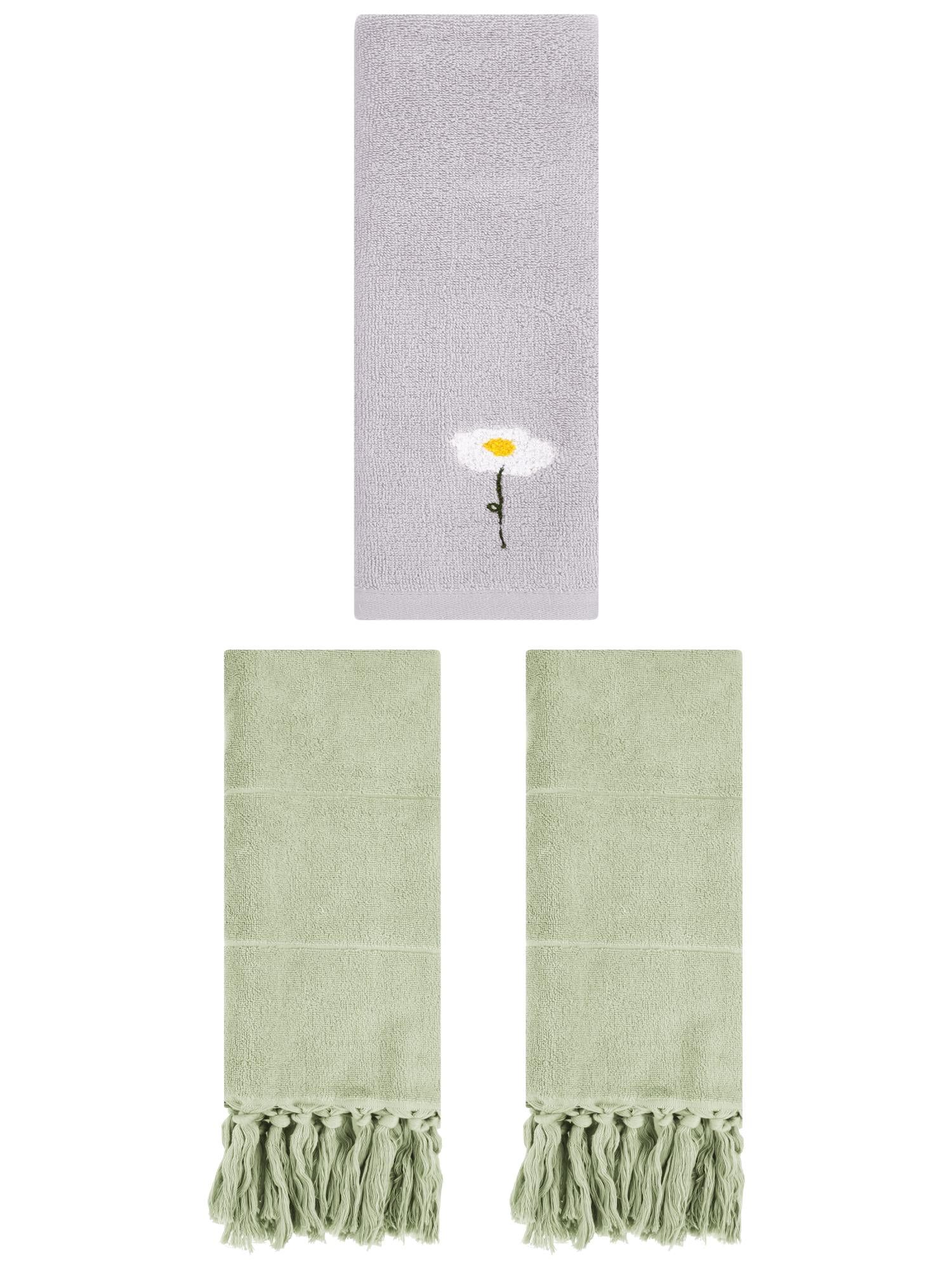 Unique Bargains 3 Pcs Floral Solid Hand Towel Set Green/Grey 14"x30"/13"x30"