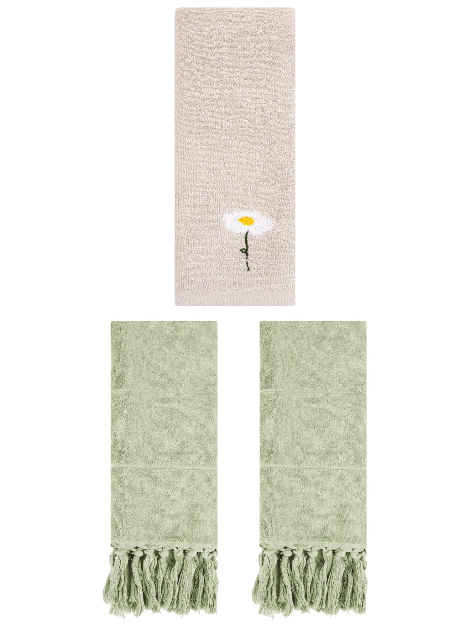 Unique Bargains 3 Pcs Floral Solid Hand Towel Set Green/Light Brown 14"x30"/13"x30"